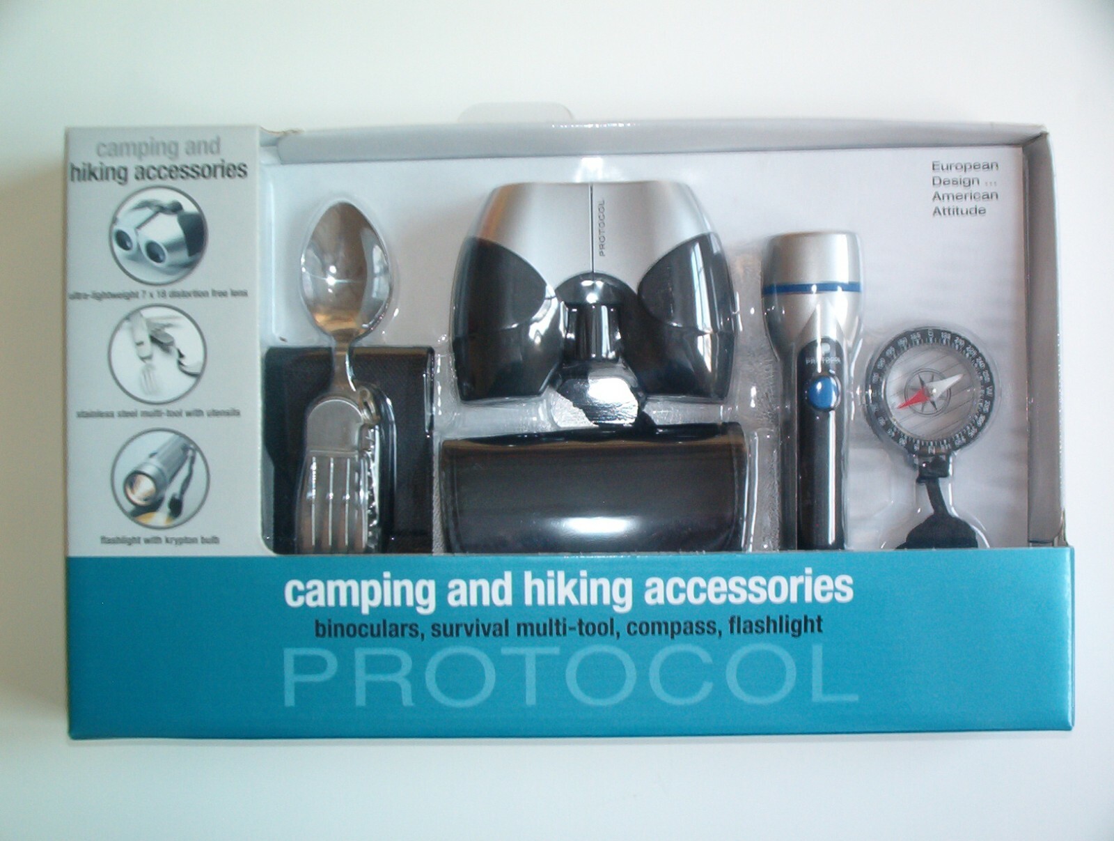Camping Hiking Kit Survival Multi-Tool Utensils, Binoculars, Compass, Flashlight