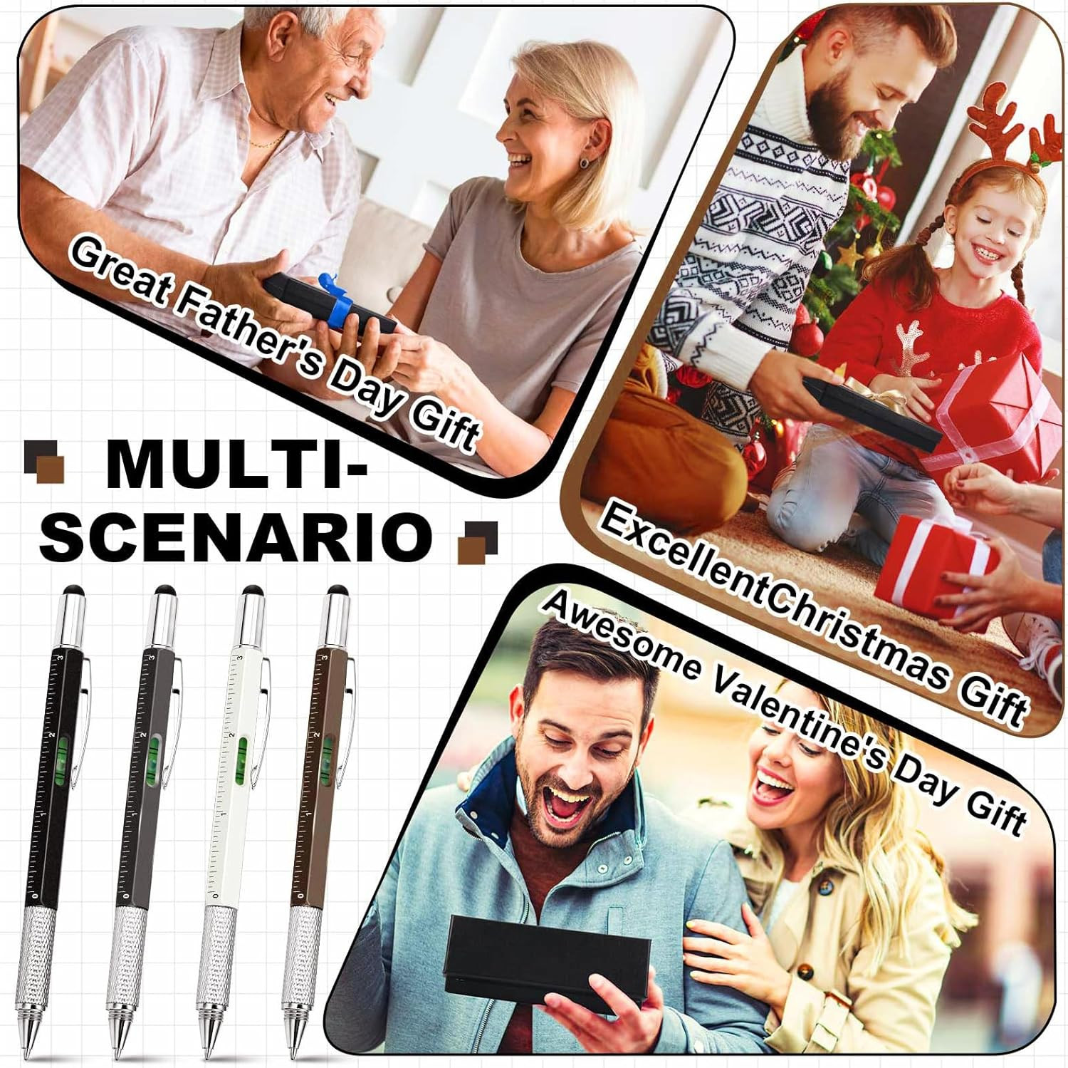 4 Pcs 6 in 1 Multitool Pen Gift for Men Multi Tool Pen with Ruler Level Screwdri