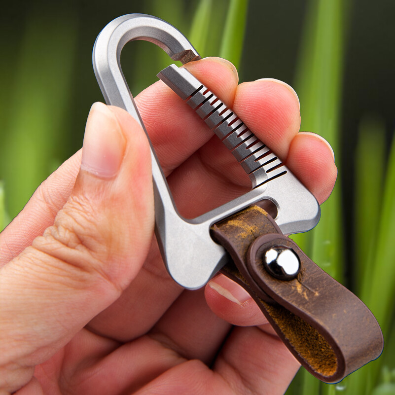 Titanium Alloy + Leather Keychain Carabiner Removable Key Bag Pendant EDC Tool