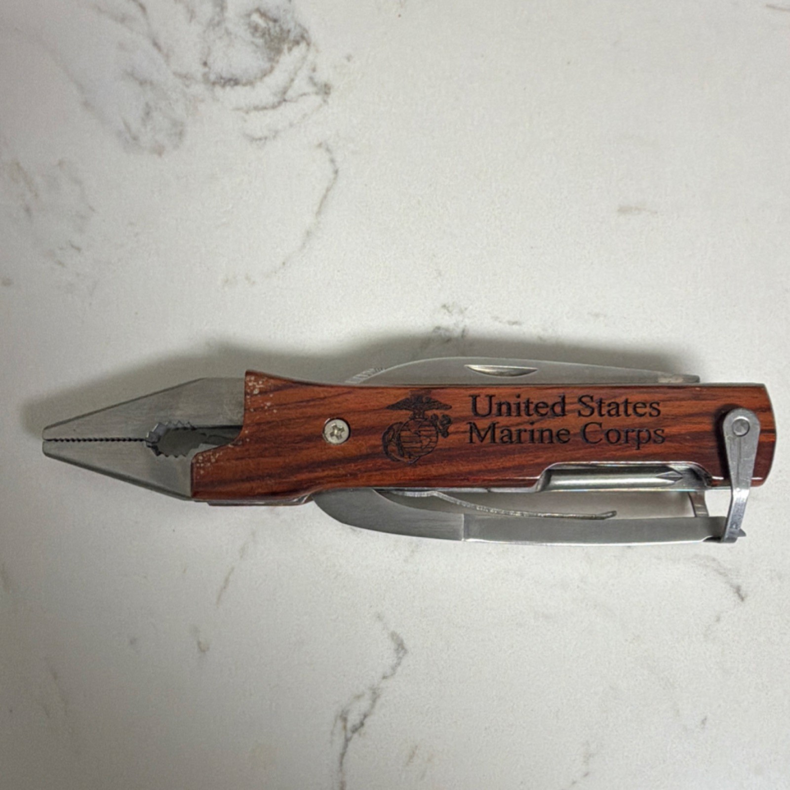 USMC Multi-Tool with Pliers, Knife, Serrated Blade, Wood Handle, Stainless Steel