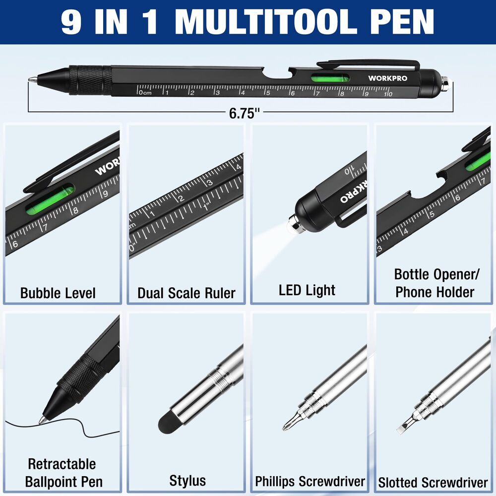 WORKPRO 2-Pack Upgraded Multi-Tool Pens 9 Functions Multi-tool Pen Set Daily Use