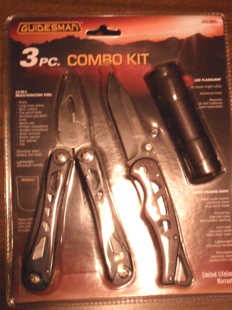 Guidesman 3 pc Combo Kit, Stainless Steel Blade Knife+Flash Light+12-in-One Tool
