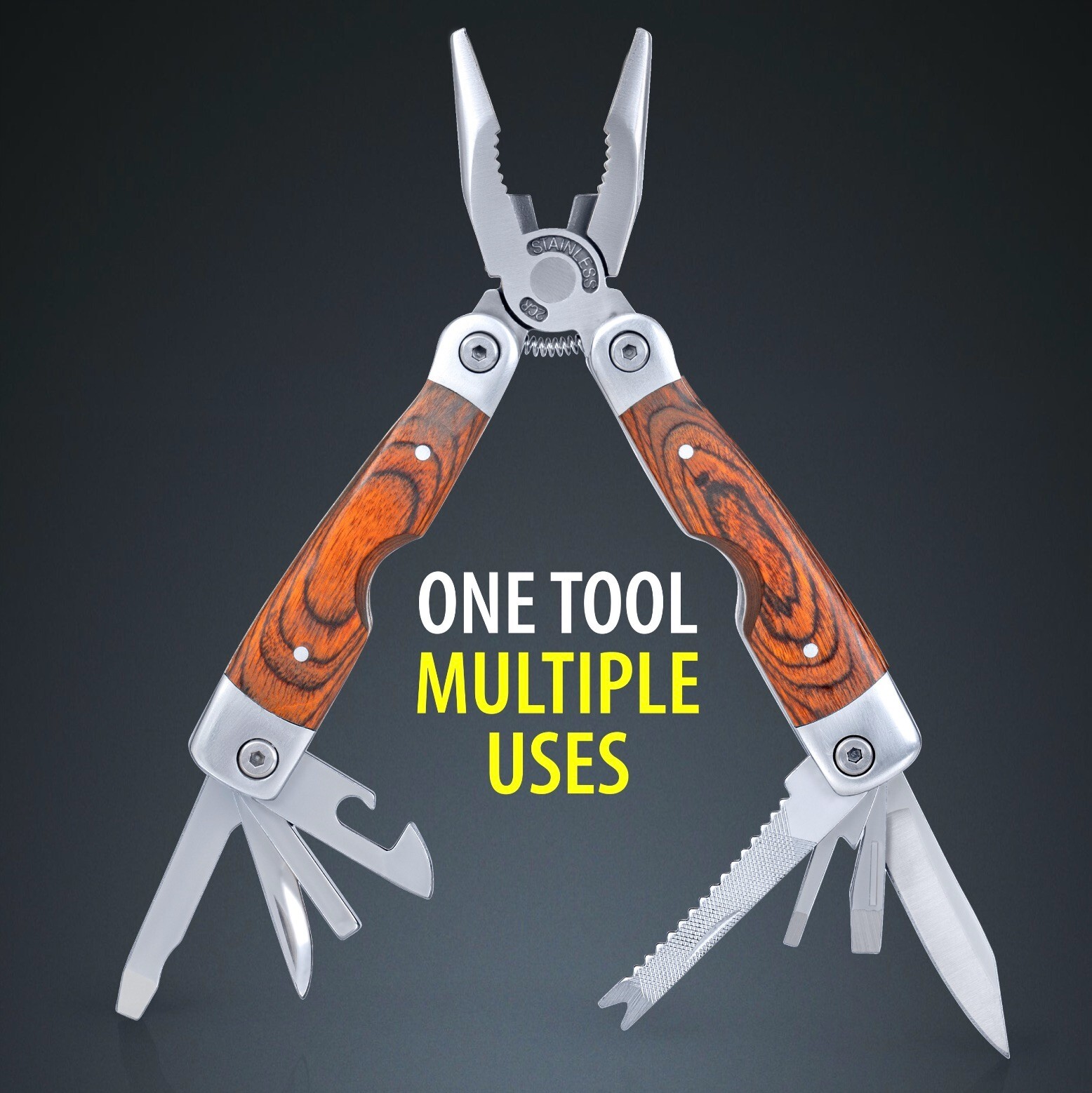 MAXAM Stainless Steel Multi-Tool With Wood Handle And Storage Pouch