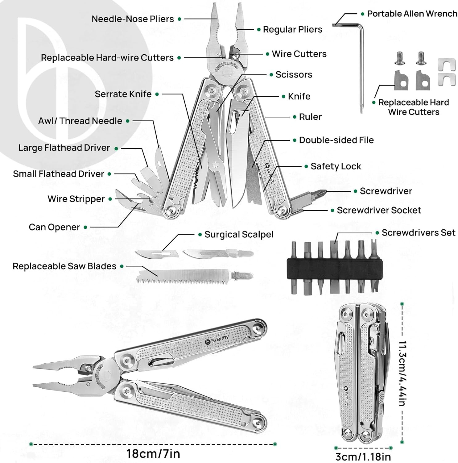 Multitool Pliers Pro BI2049, 3Cr13 Multi Tool with Large Saw Blade, YG10 Tungste