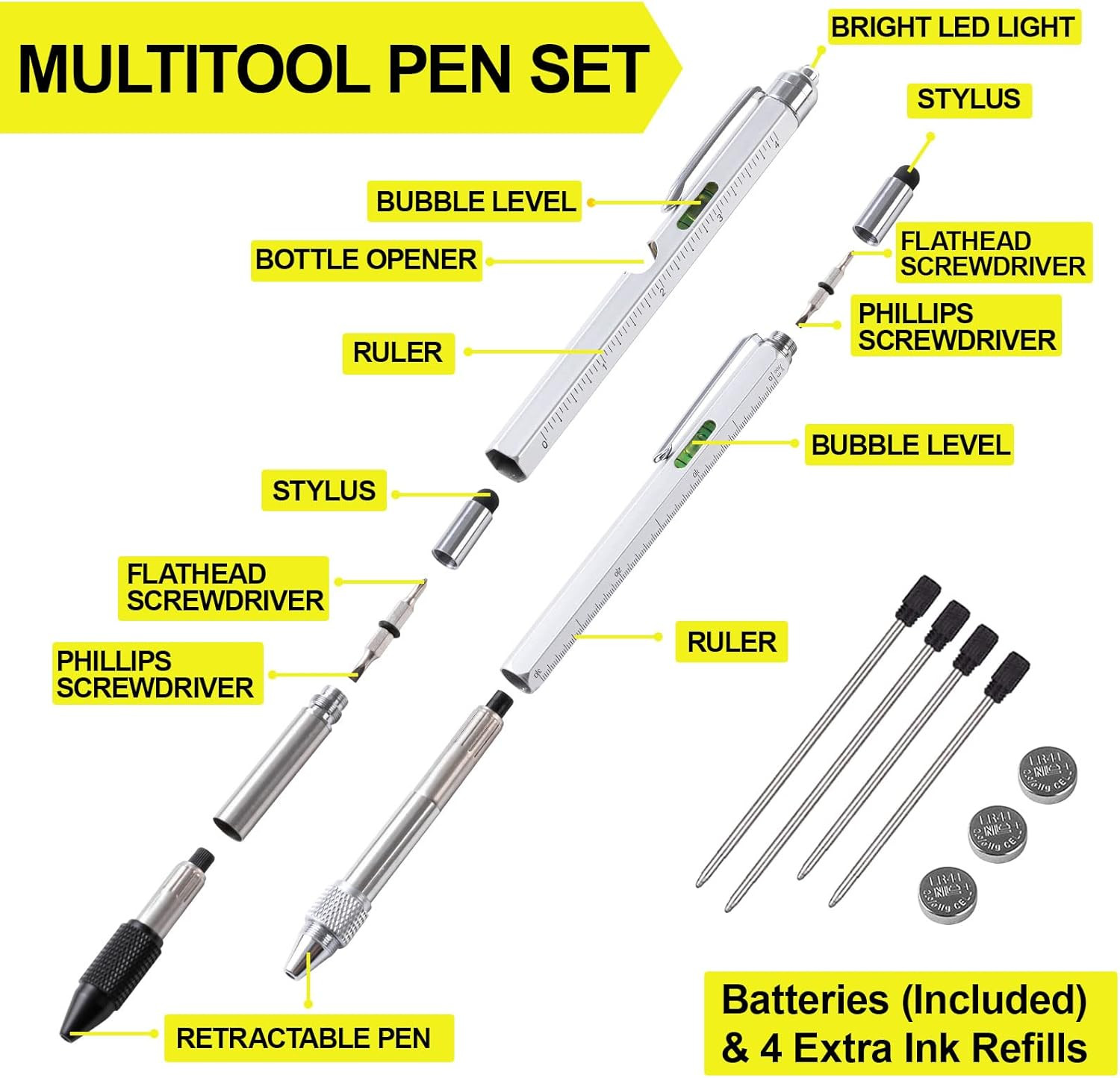 11 in 1 Multitool Pen Set with LED, Stylus, Level, Screwdriver, Flathead, Stocki