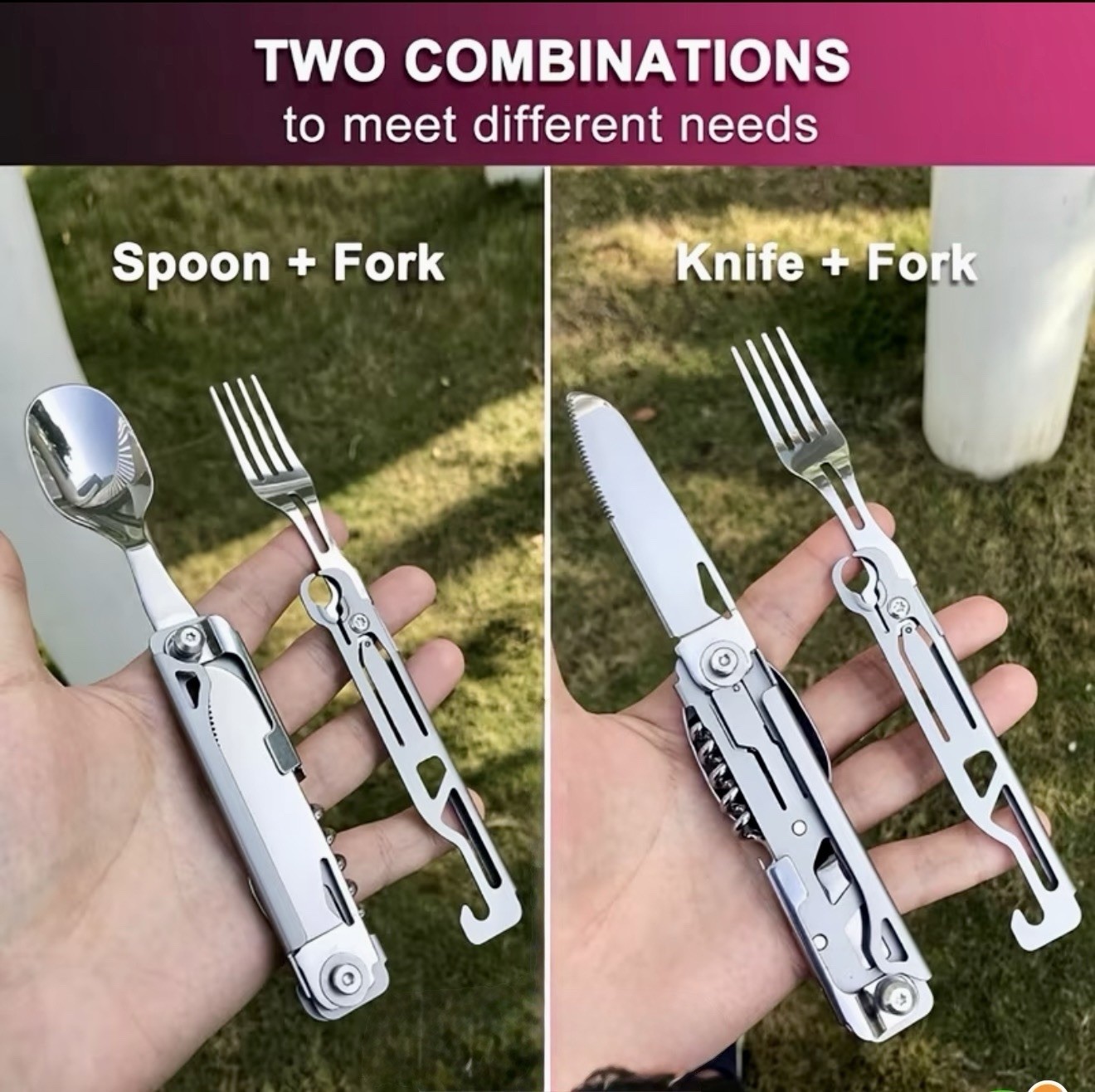 FOLDING UTENSIL MULTI-TOOL (Stainless Steel With Cloth Tote Case) 5 In 1 Tools