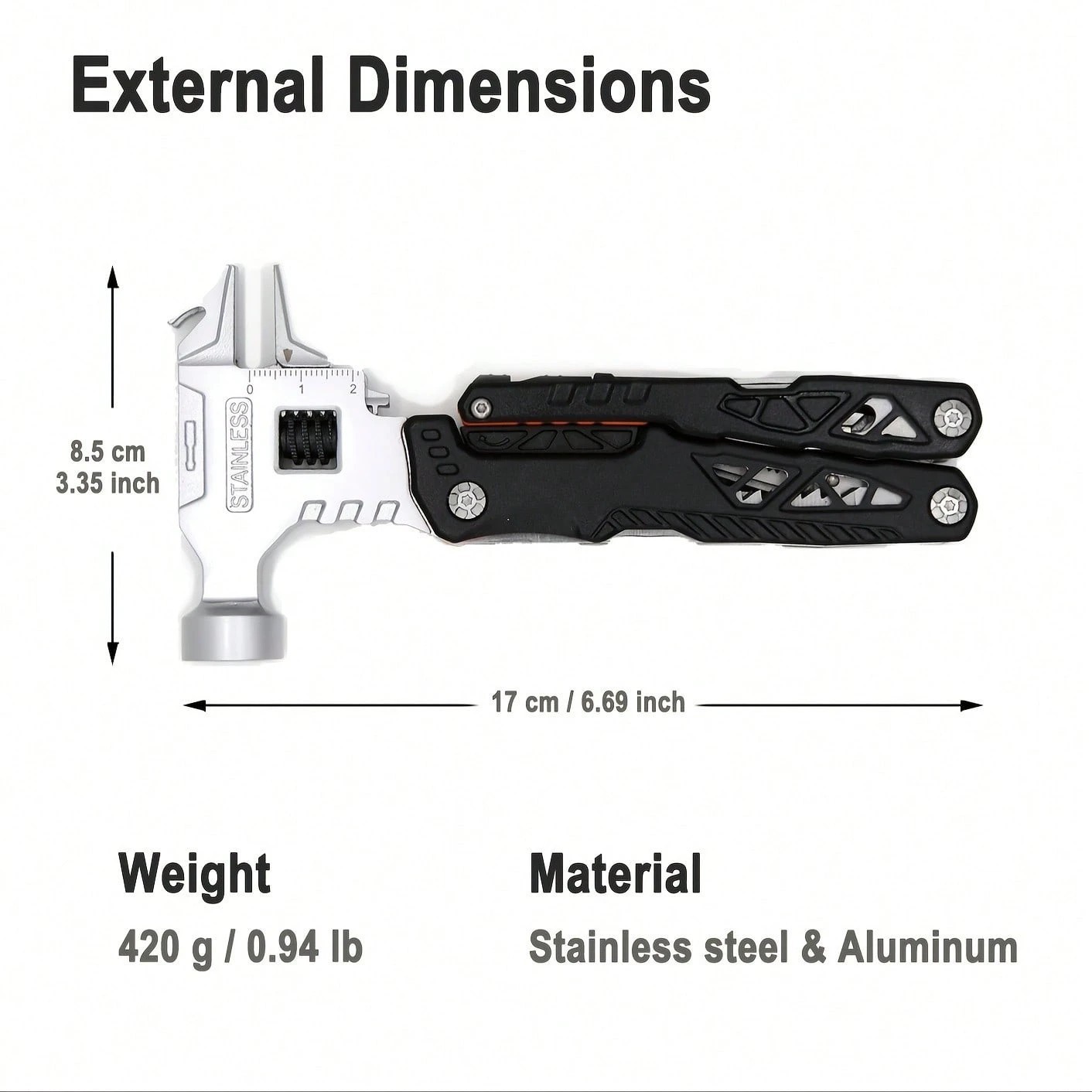 Multi-Tool Adjustable Wrench Hammer Pliers Survival Gear No Blades For Camping