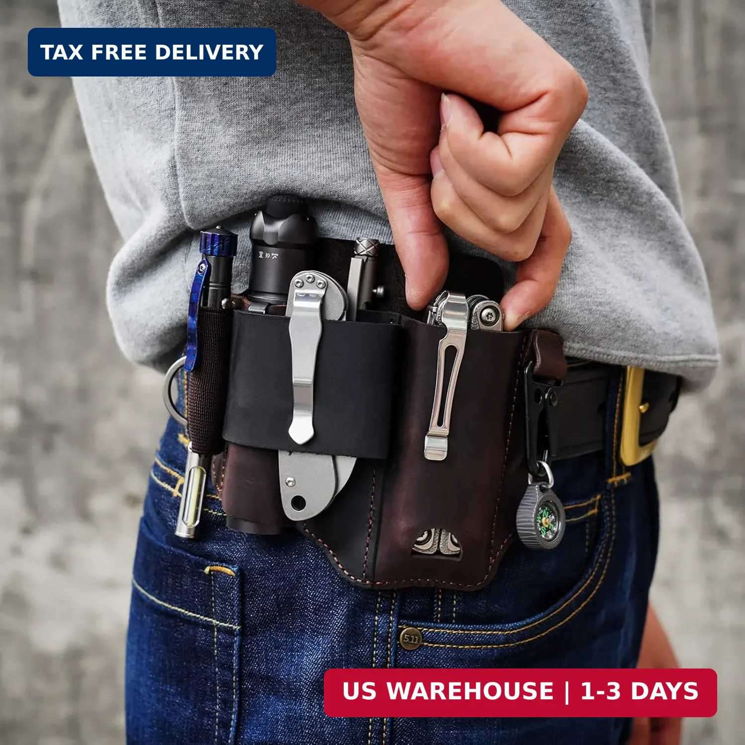 Leather Multitool Sheath – EDC Belt Organizer for Leatherman Tools, Flashlight,