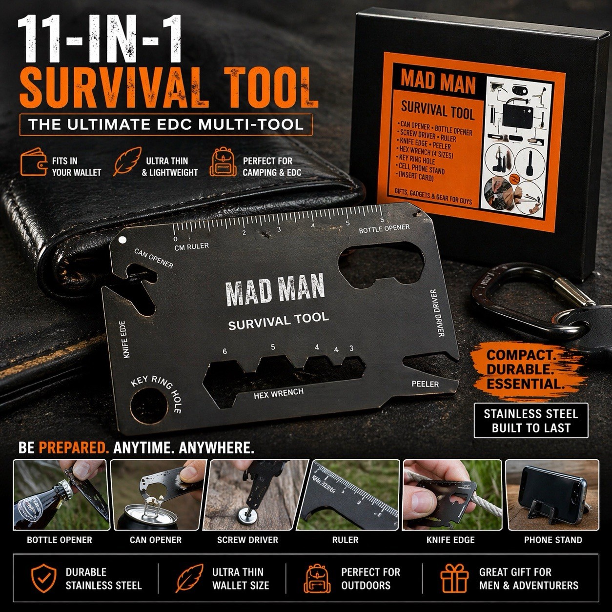 MM Mad Man Survival Tool Card 11-in-1 Wallet Multi Tool Camping
