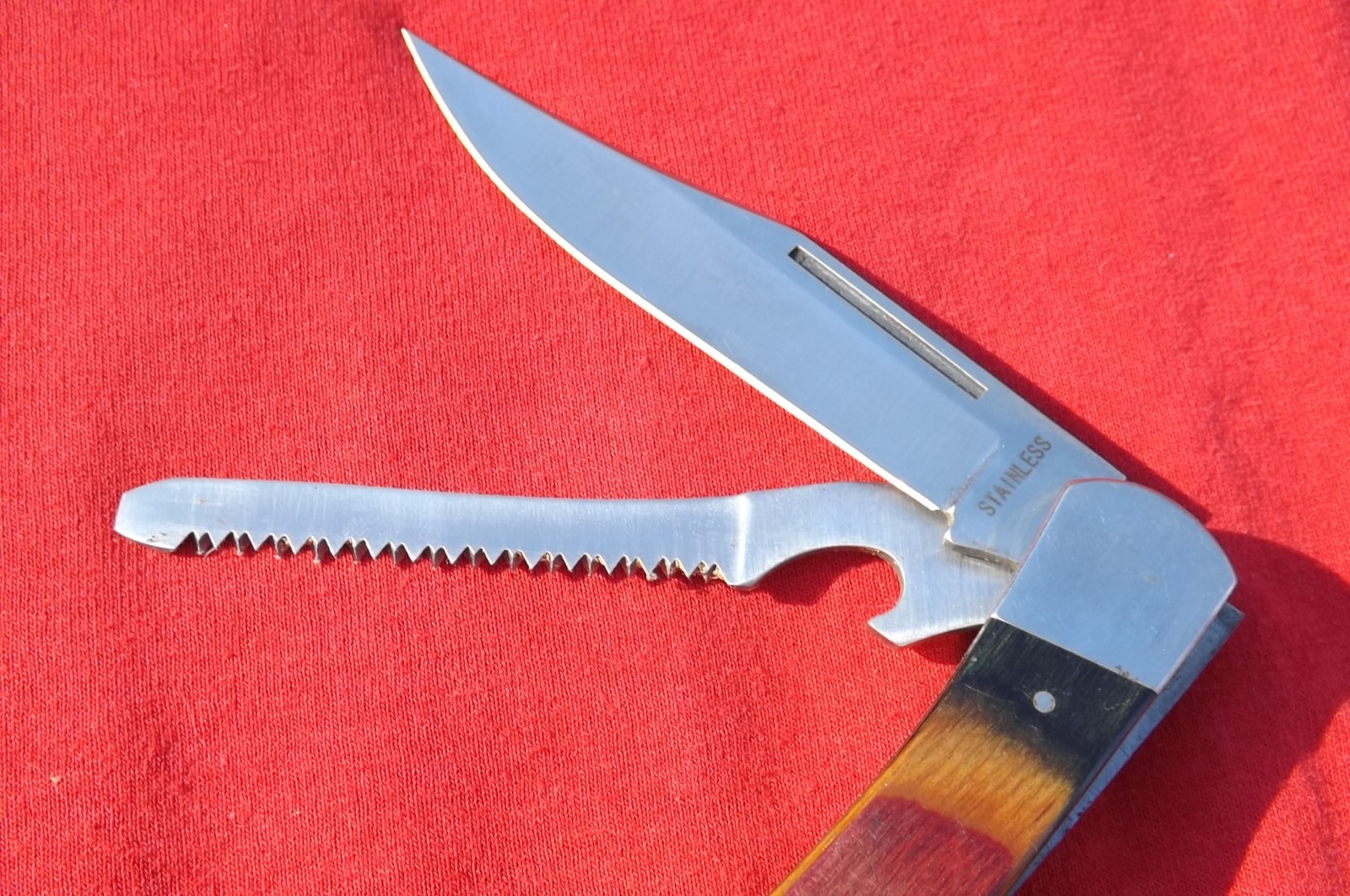 Vintage Multi-Tool Lockback Folding Knife w/ Wood Handles & Saw Blade NICE