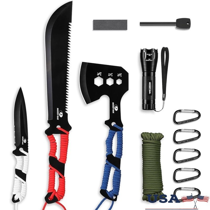 Outdoor Survival Tool Set Camping Axe Machete Hunting Knife Flashlight Kit New