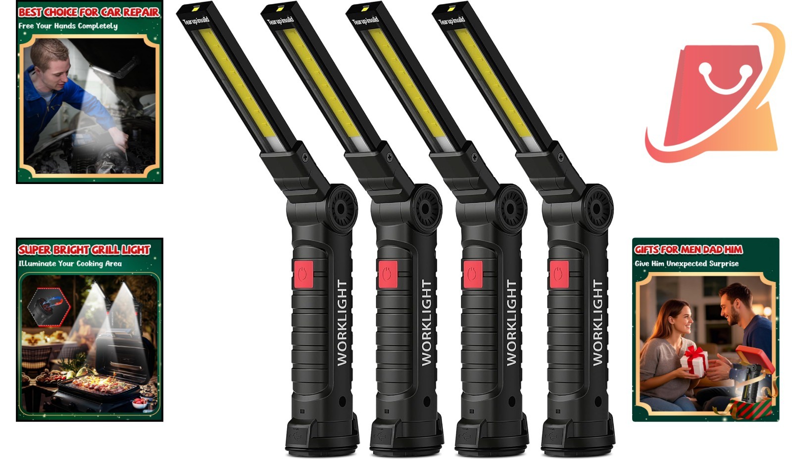 Rechargeable LED Work Lights 4 Pack with Magnetic Base 5 Modes 360° Rotate