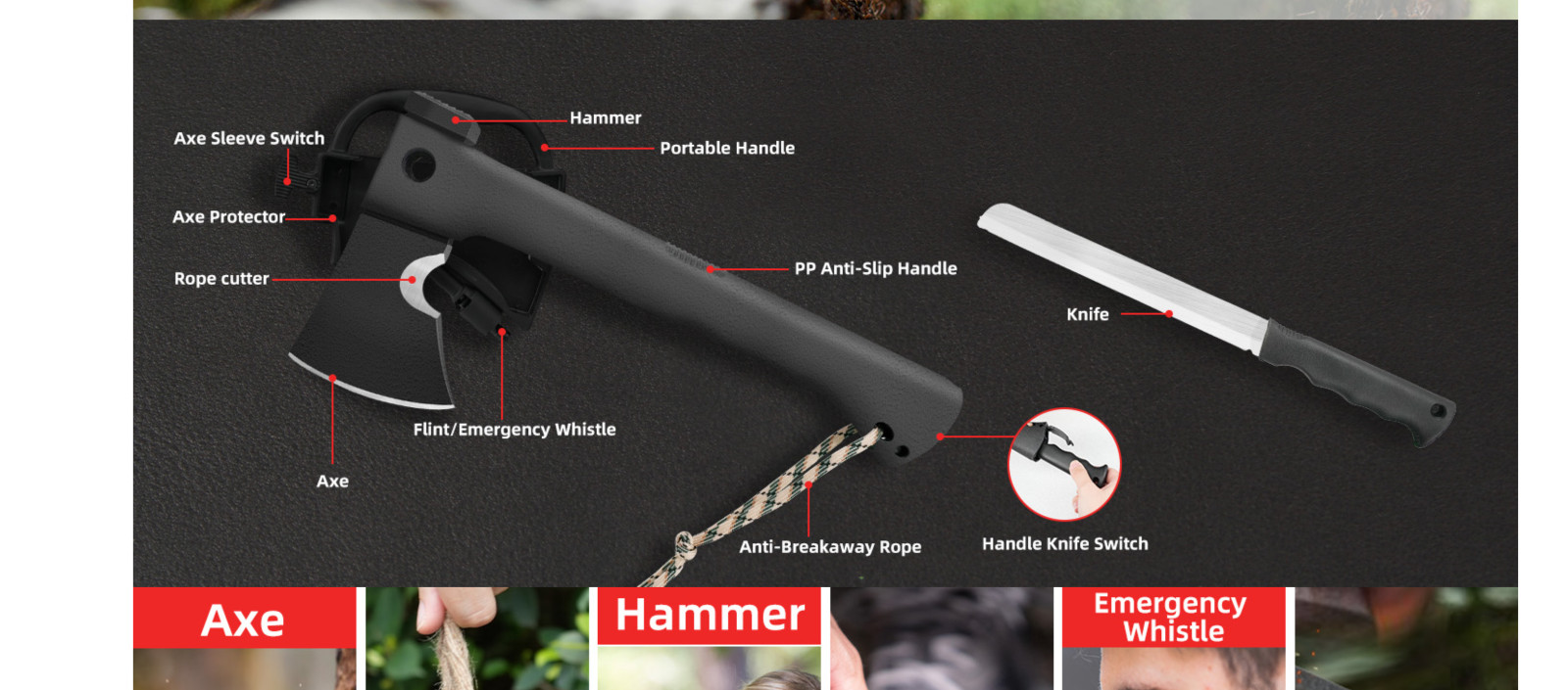 ZKH Camping Survival Axe, 6 in 1 Camping Multitool Hatchet with Hammer Knife Rop