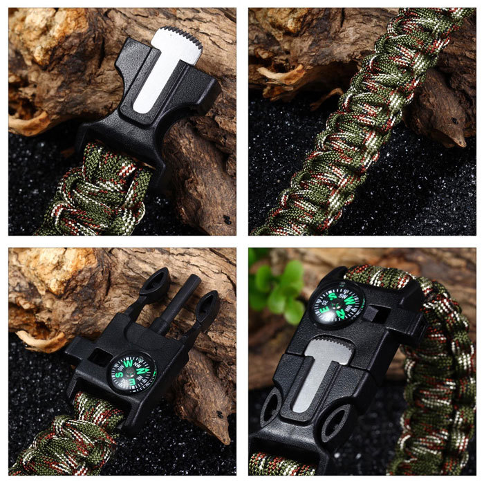 Survival Bracelet Flint Knife Whistle Compass Scraper Paracord Outdoor Camping