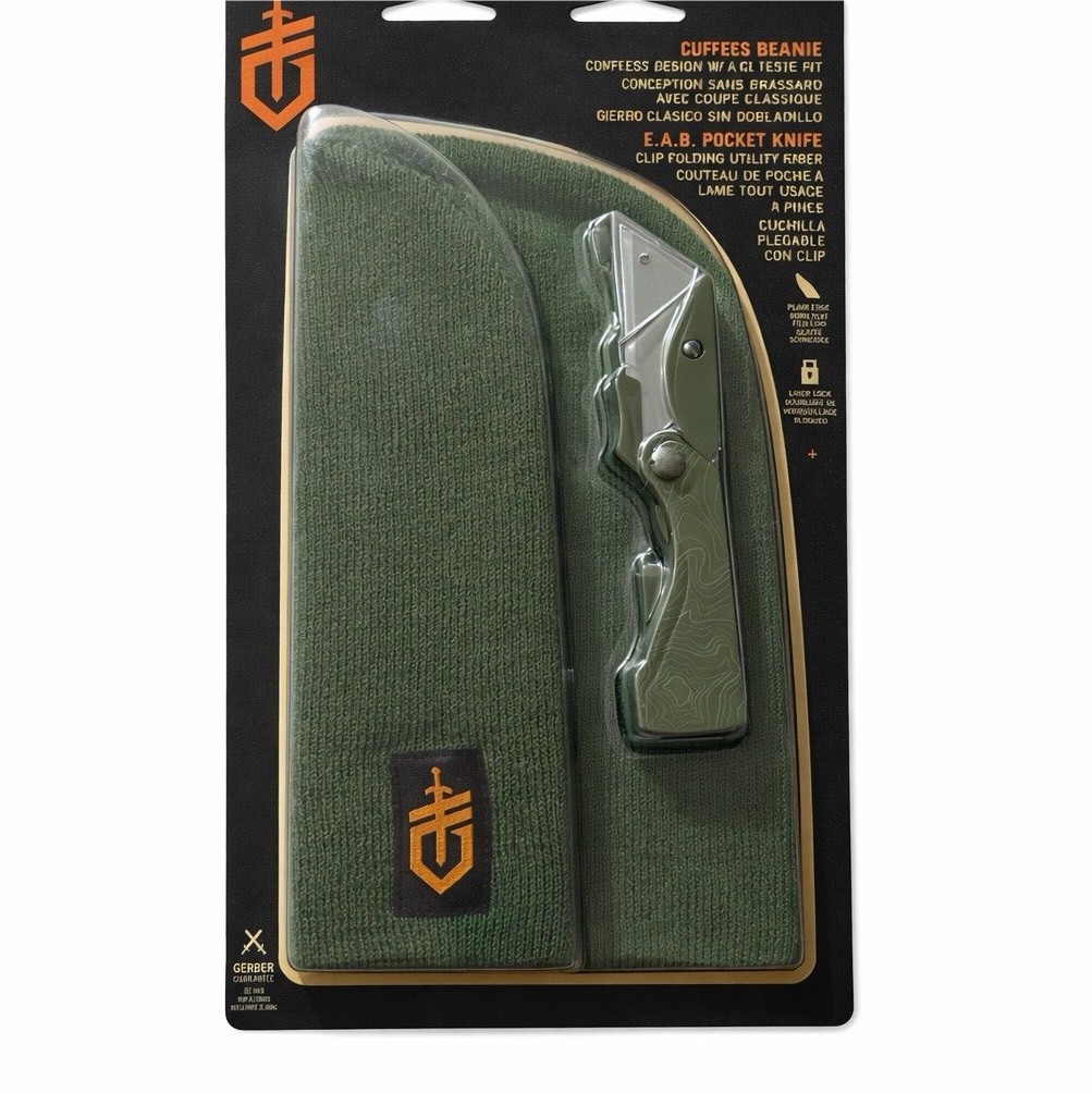 Gerber E.A.B. Pocket Knife Stainless Steel Handle Utility Blade Green Beanie Set