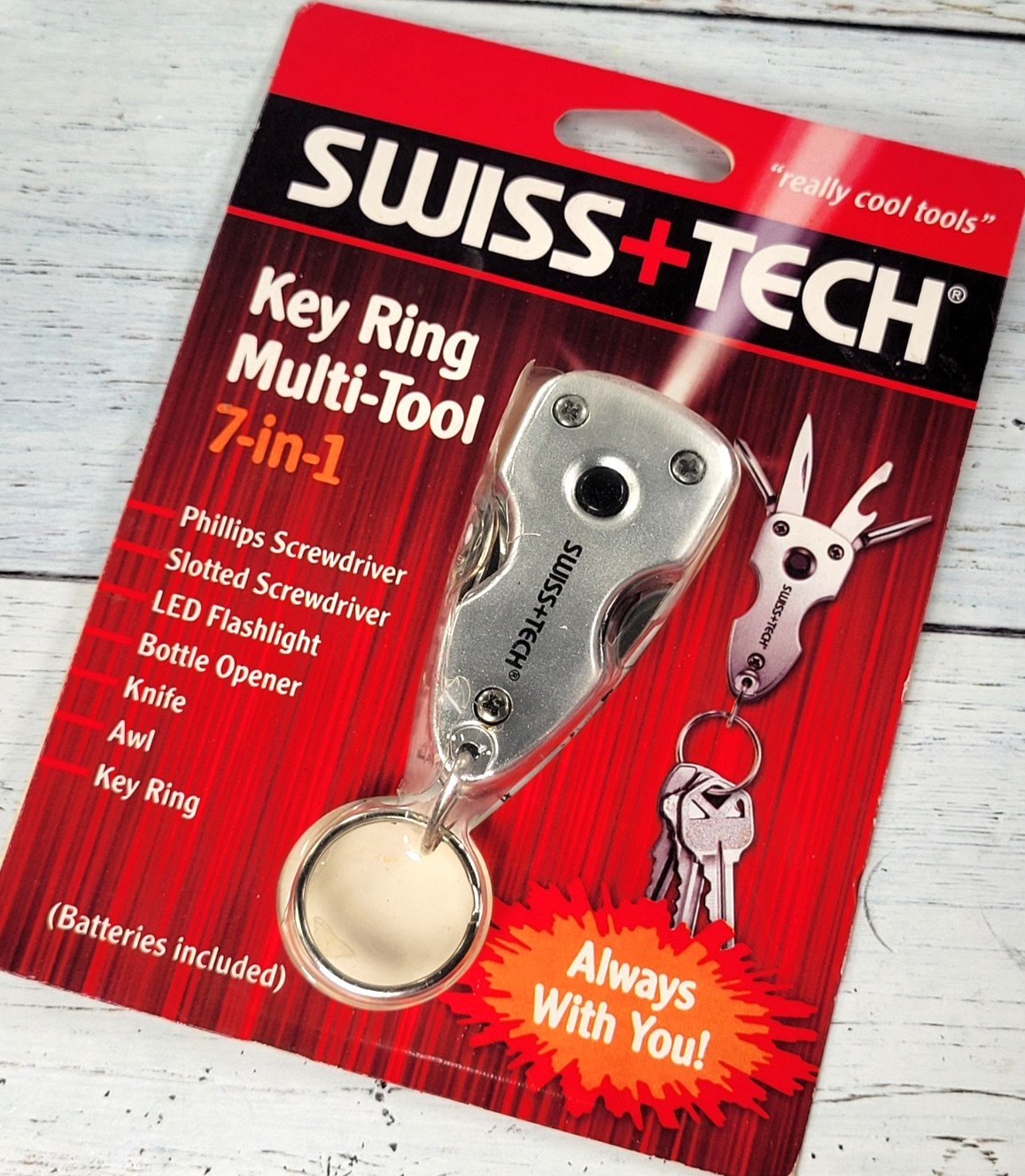SWISS TECH 7 in 1 Key Ring Multi-Tool Key Ring LED Flashlight Model KMTCSSV-NA