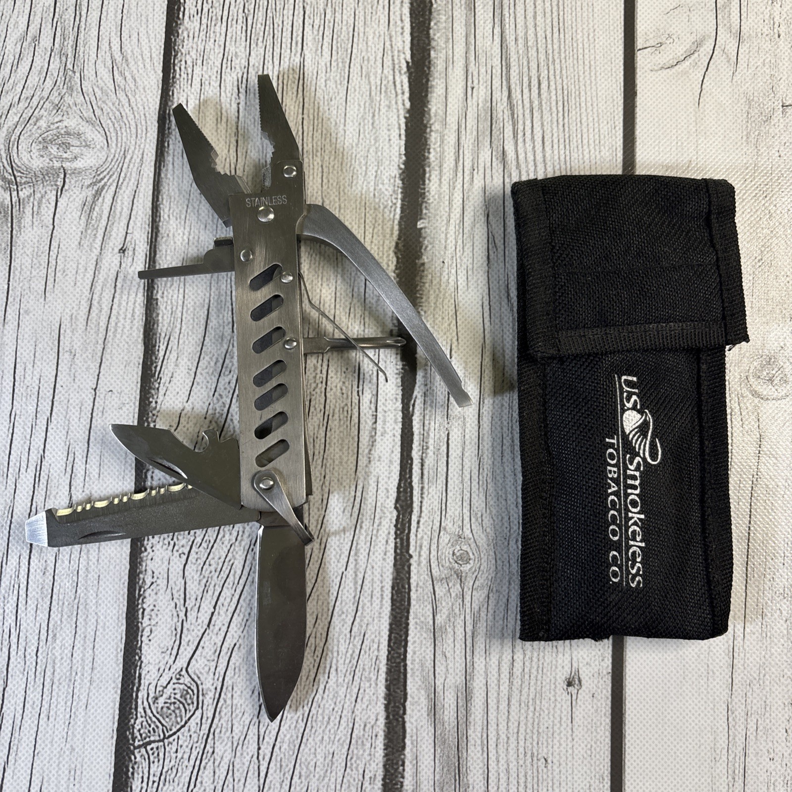 Vintage Stainless Steel Pliers Multi Utility Tool Set with Canvas Sheath.