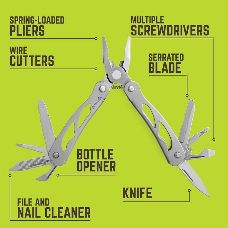 True Utility Reduction Multi-Tool 11-in-1 Spring Pliers Serrated Straight File