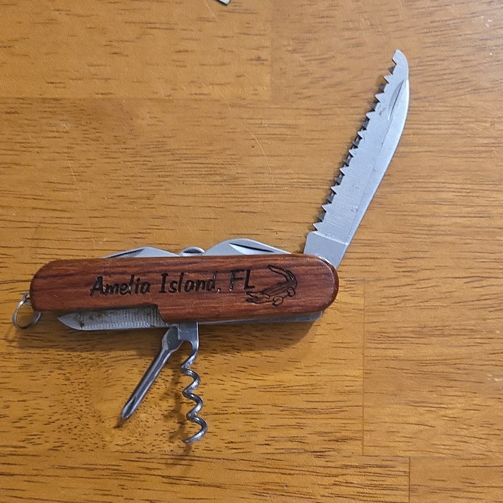 Wood Handle 5-in-1 Multi-Tool Pocket Knife Corkscrew File Lanyard Ring