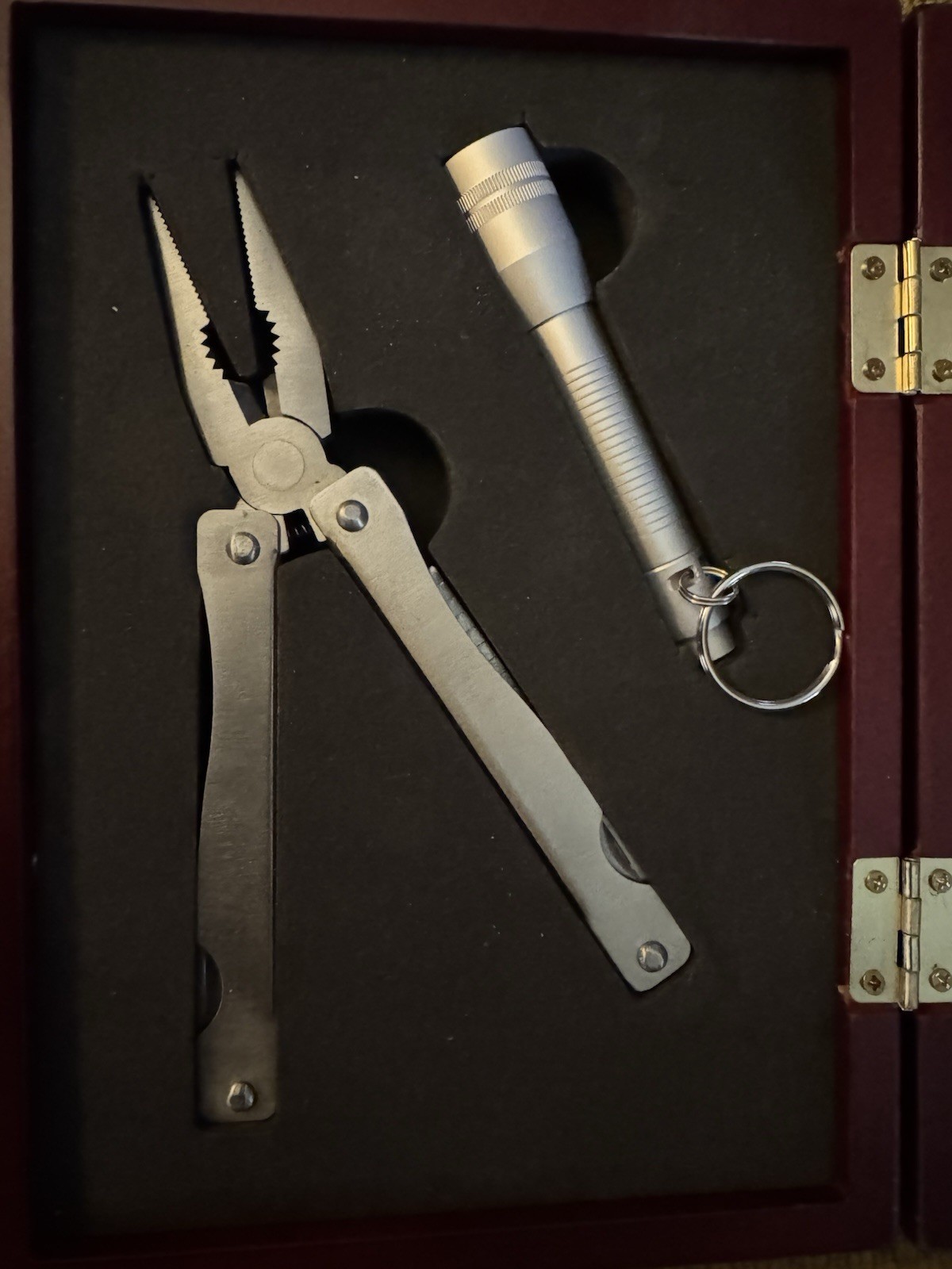Stainless Multi Tool Flashlight Compass Knife Gift Set with Hardwood case