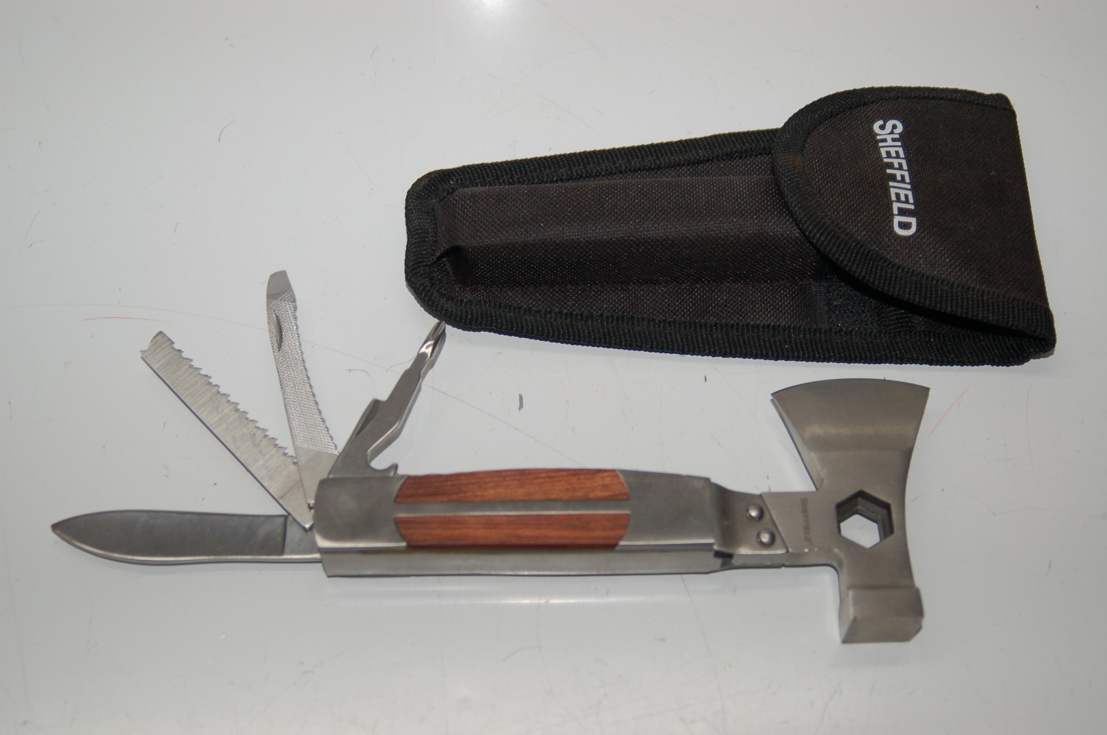 Sheffield Multi Tool Hatchet Axe Folding Knife Saw Blade Stainless with Sheath