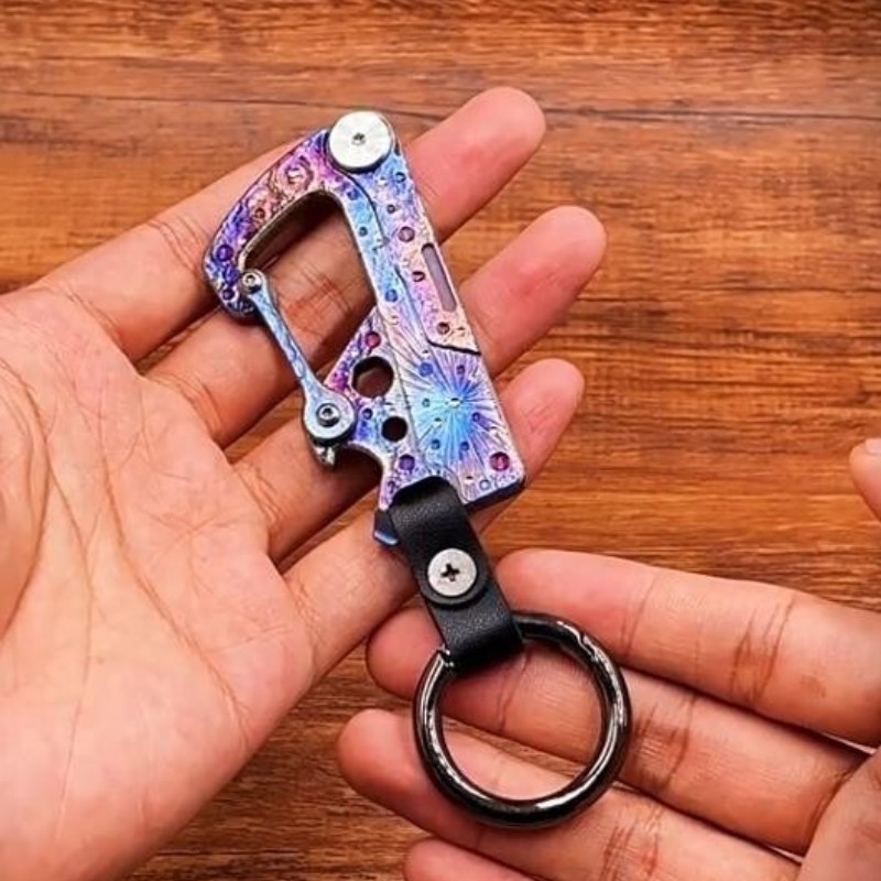 EDC Titanium Alloy Meteorite Pattern Key Chain Carabiner Outdoor Folding Knife