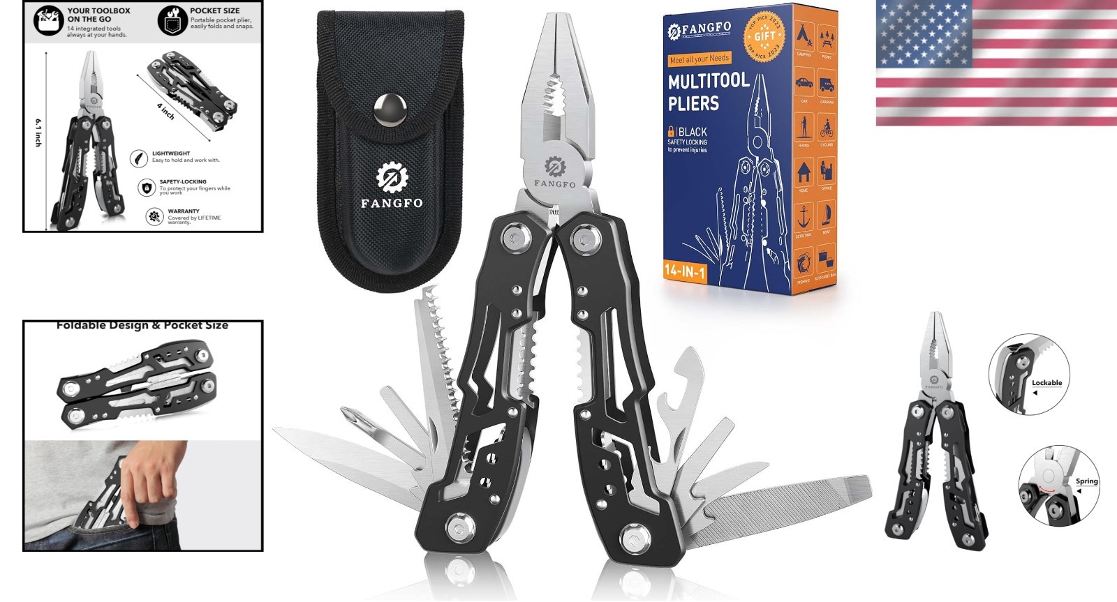 14-in-1 Stainless Steel Multitool: Pocket Knife, Pliers & Safety Locking Design