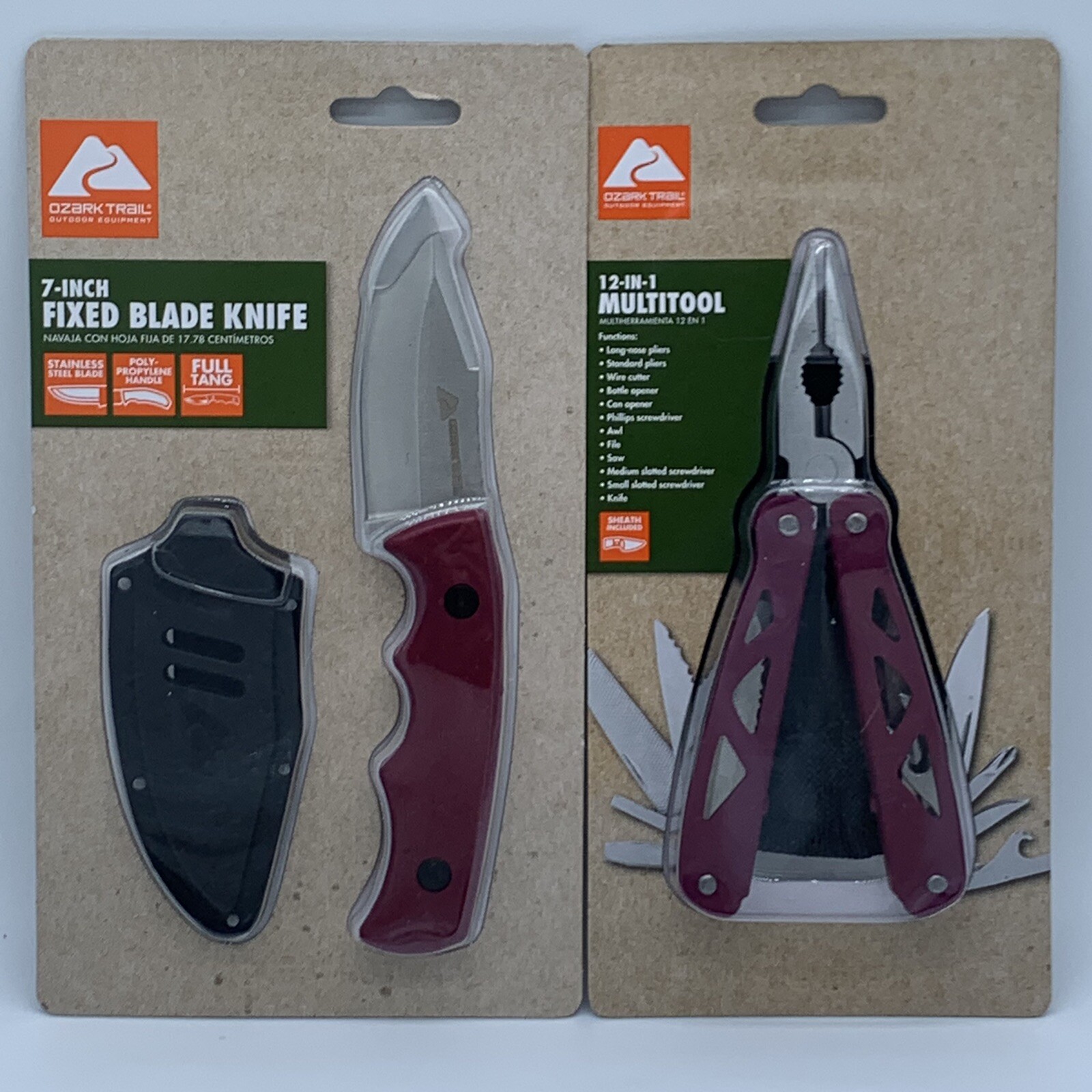 Ozark Trail 12 In 1 Multitool & 7″ Burgundy Stainless Steel Knife With Sheaths