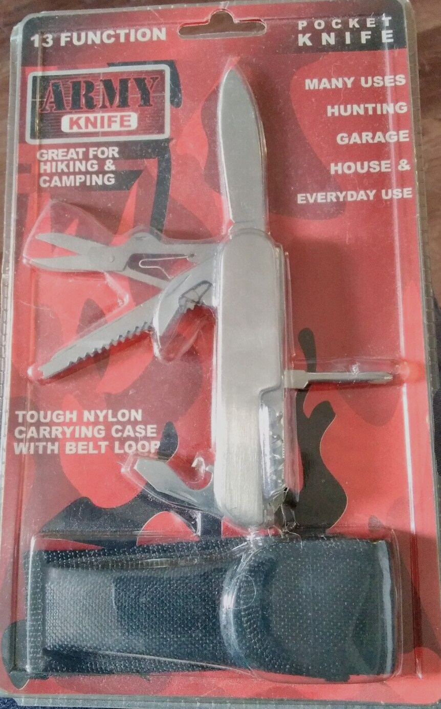 13 Function Army Pocket Knife NOS w/Nylon Case Multiple Tools