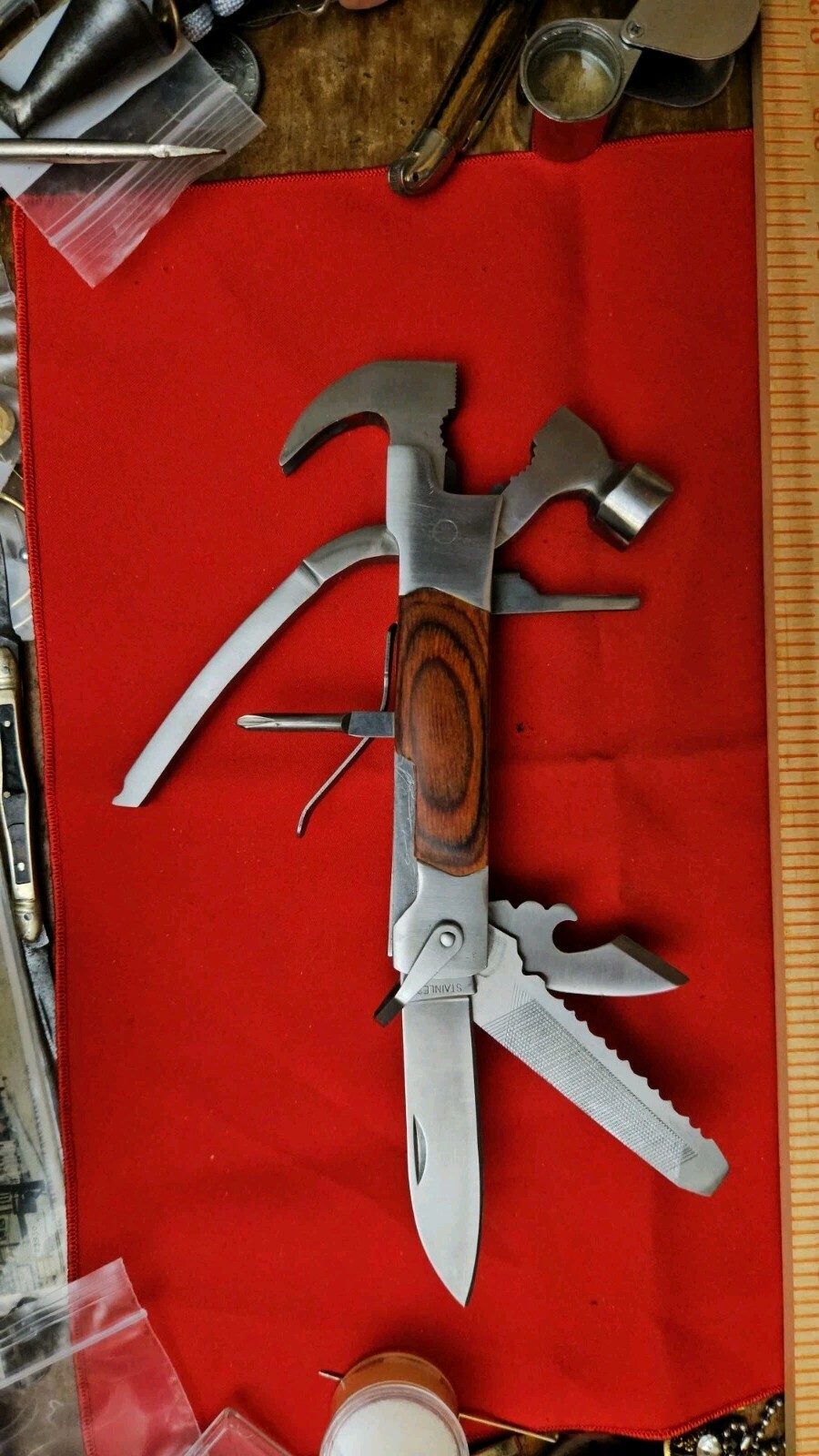 Vtg Sheffield Multi-Tool With Original Case Hammer Pliers Can Opener & More
