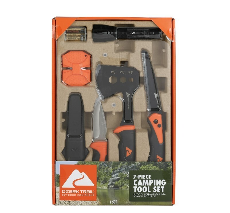 Ozark Trail 7-Piece Camping Tool Set with Hammer, Axe, Flashlight, and Knives,