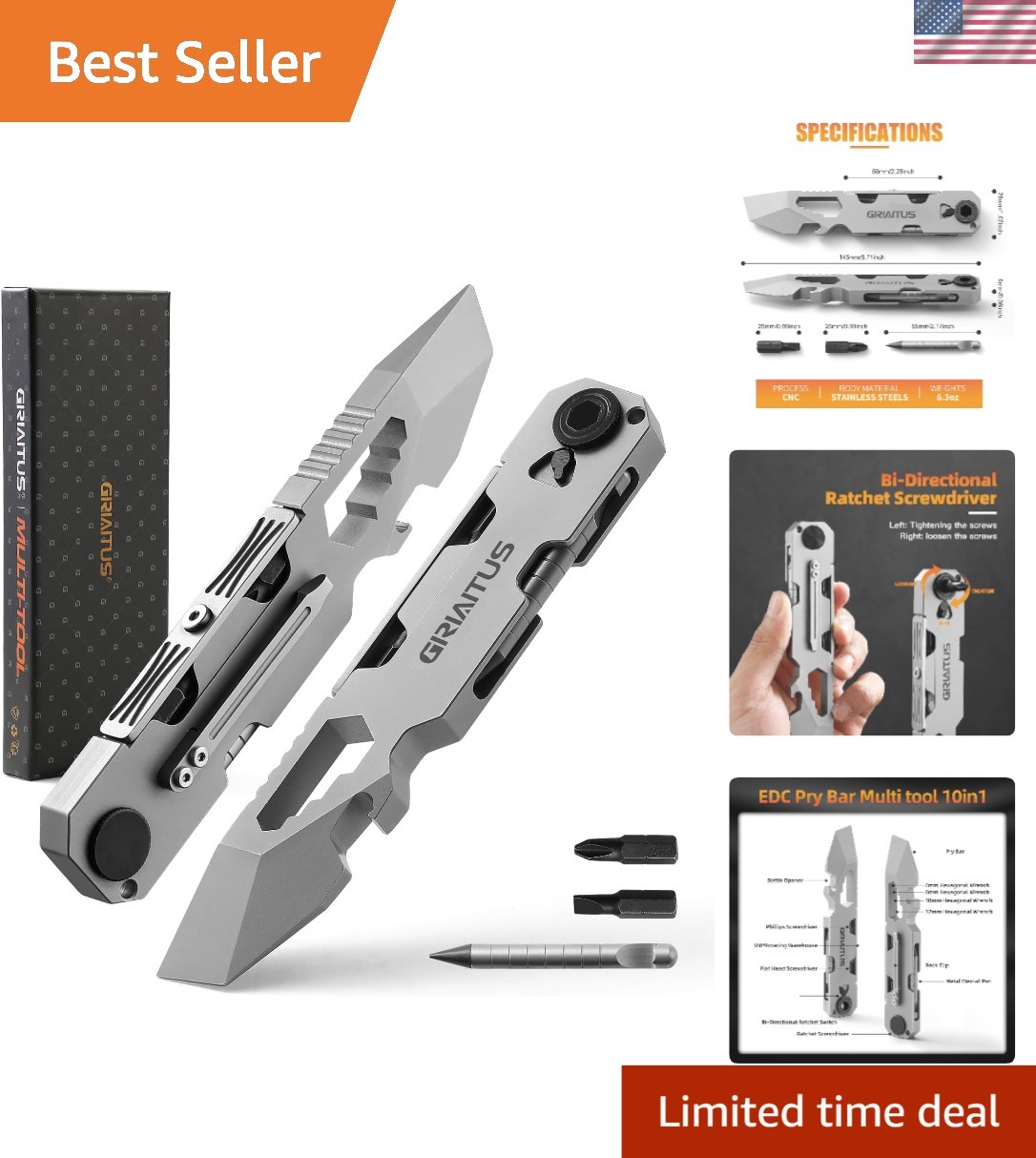 Durable EDC Pry Bar Multitool with Ratchet Screwdriver & Gift Box – 9 Inches