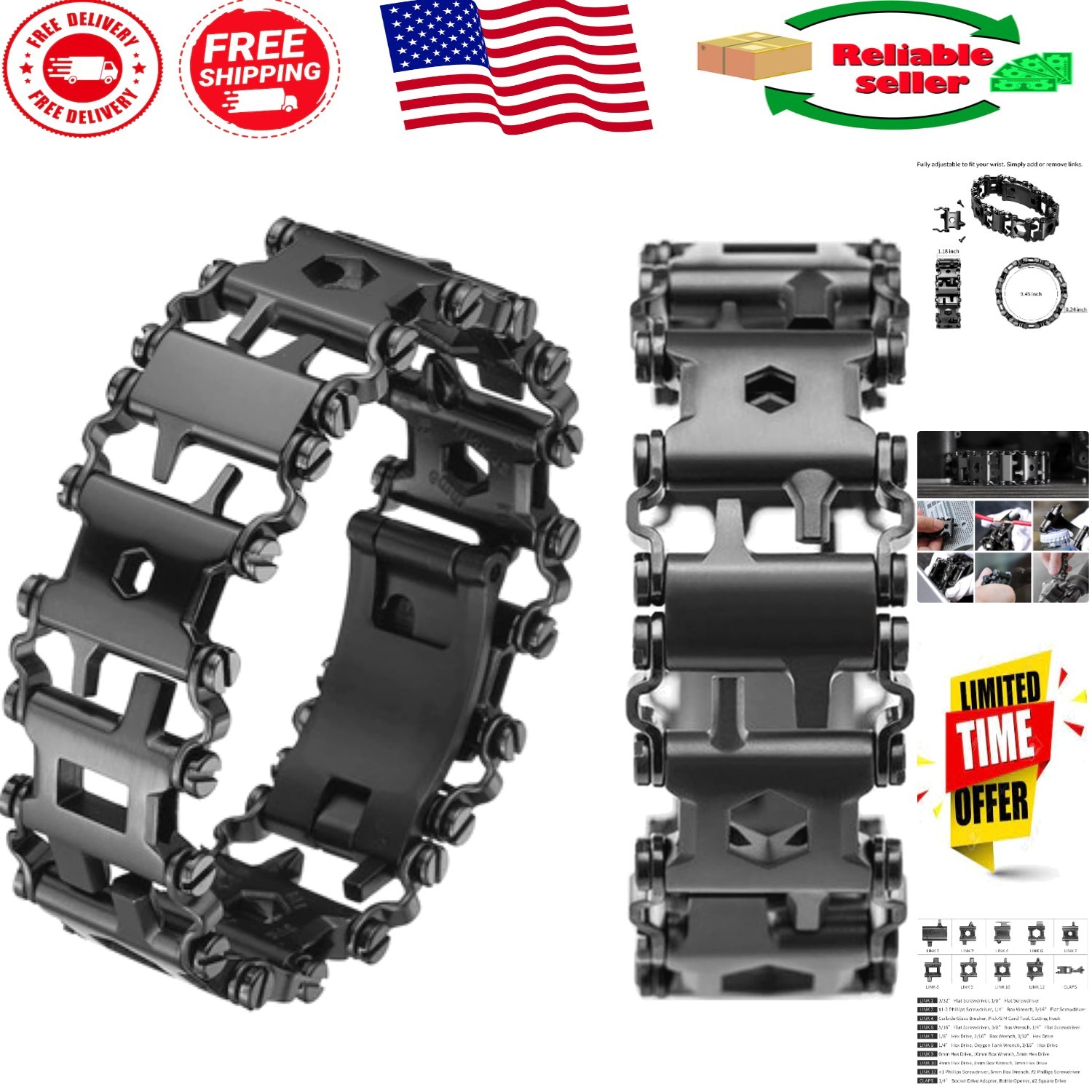 Stainless Steel 29-in-1 Tool Bracelet – Ideal for Sailing and Hiking Adventures