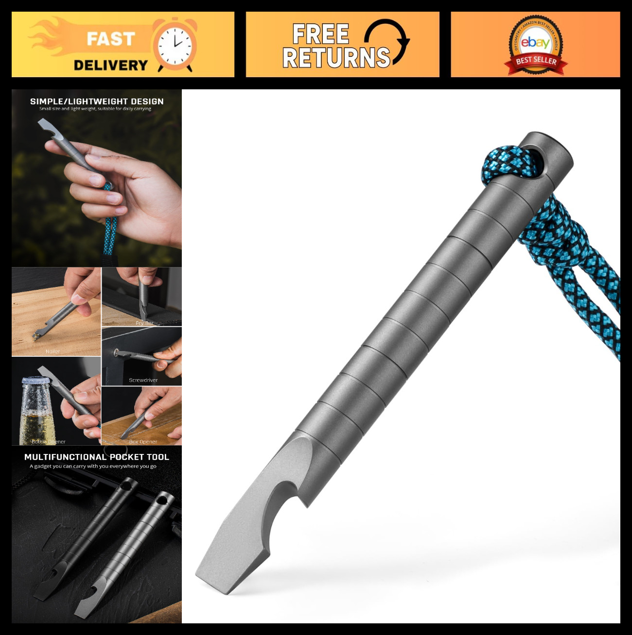 EDC Titanium Pry Bar Multitool – Keychain Crowbar with Beer Bottle Opener, 6-in-