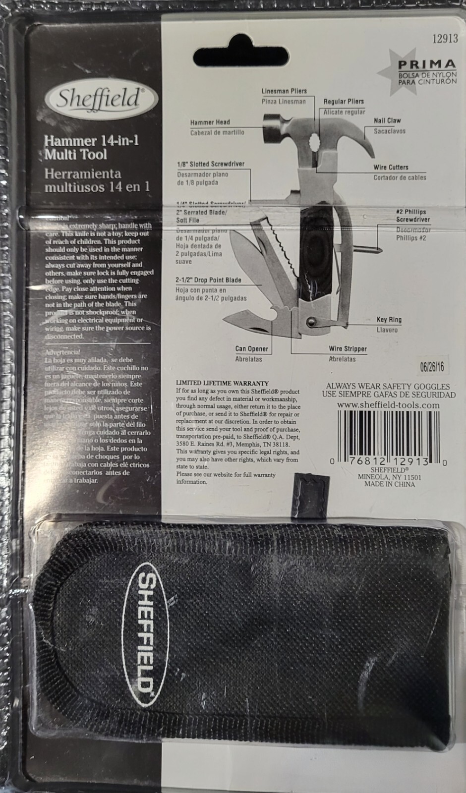 New Sheffield,The Hammer 14 In 1 Multi Tool With Nylon Belt Pouch