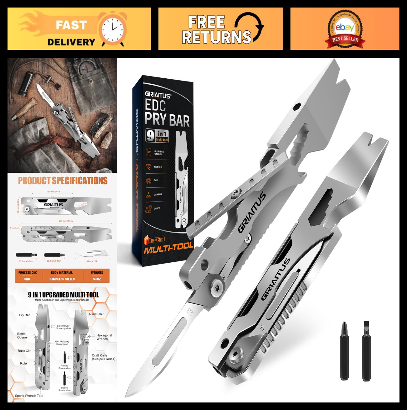 Multitool Pry Bar Wrench with Screwdriver, Box Cutter, Bottle Opener – EDC Pocke
