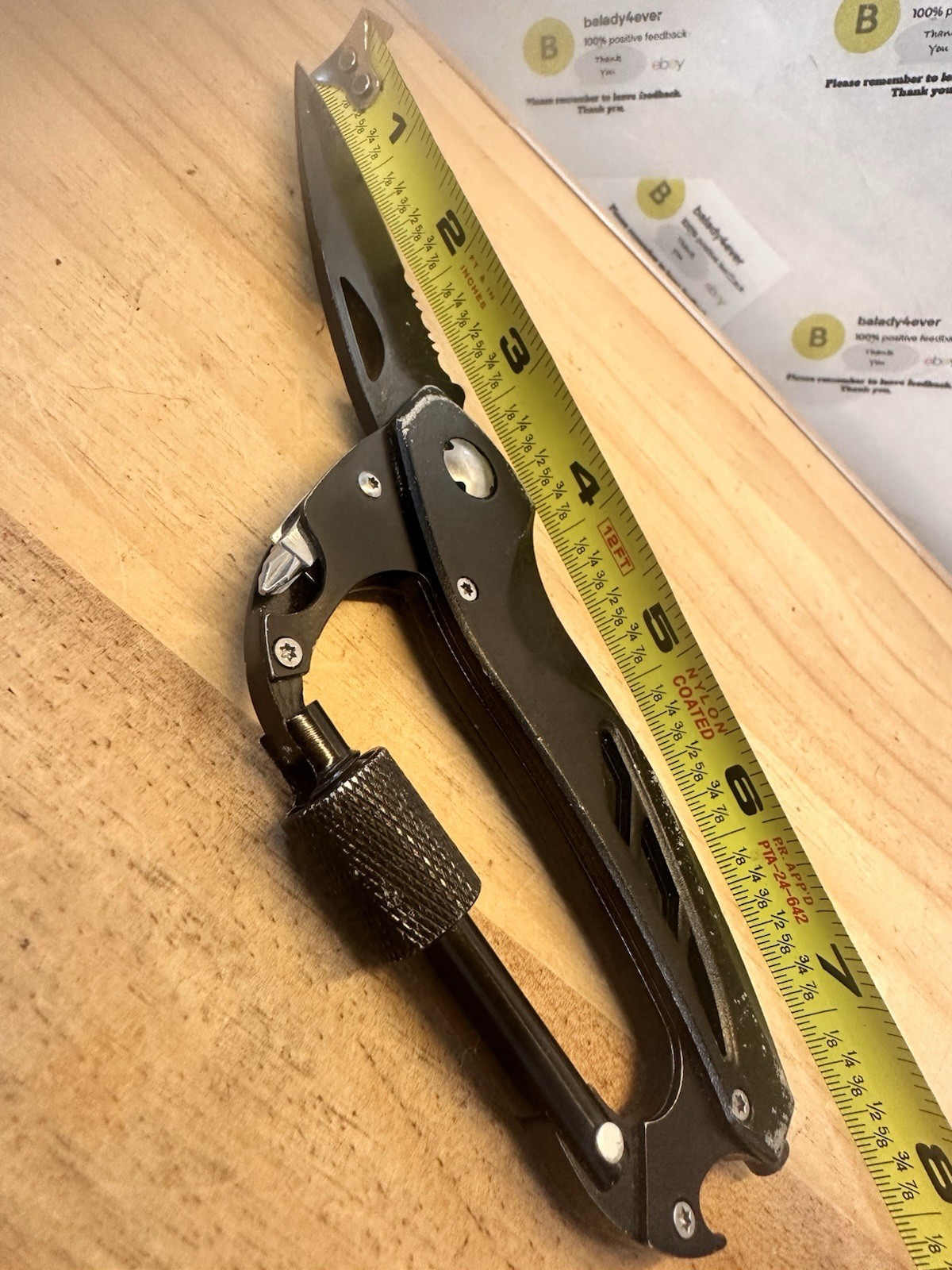 Carabiner Multitool, Carabiner w/Pocket Knife, Serrated Folding Knife, Glass Br
