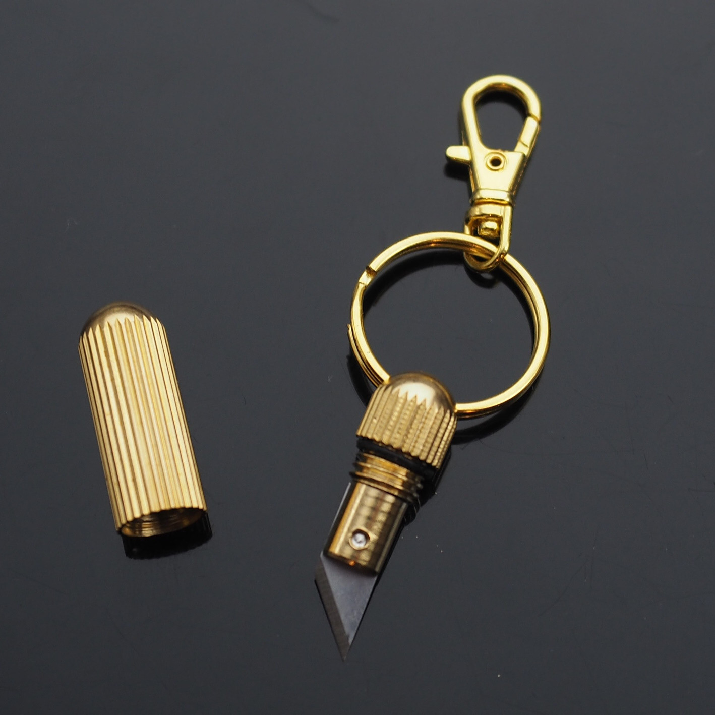 Mini Zipper Pull Brass Capsule Box Cutter Knife Pocket Keychain Key Ring Clip