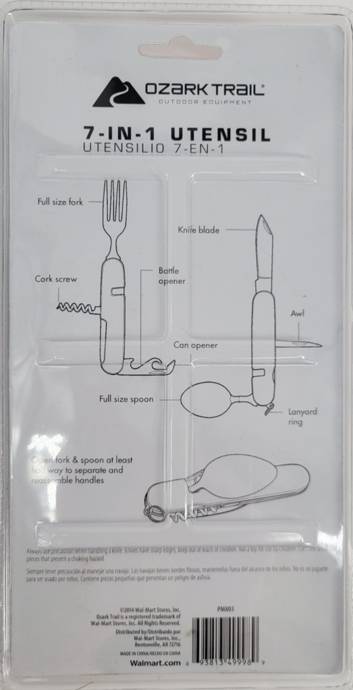 OZARK TRAIL 7 In 1 Utensil Spoon Fork Knife Awl Can/Bottle Opener Cork Screw