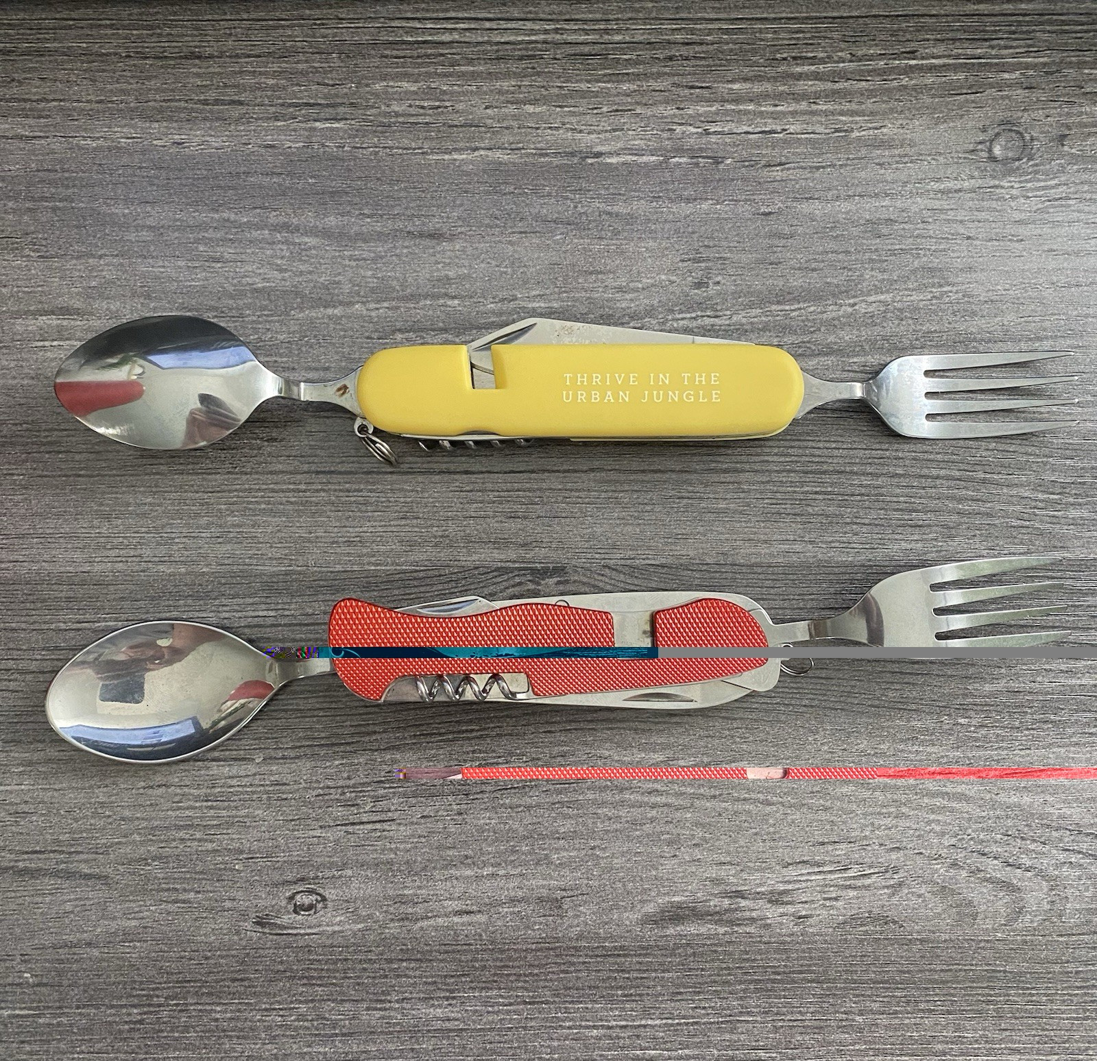 Set of 2 Folding Camping Multi-Tool Fork Spoon Knife Bottle Opener Cork Screw