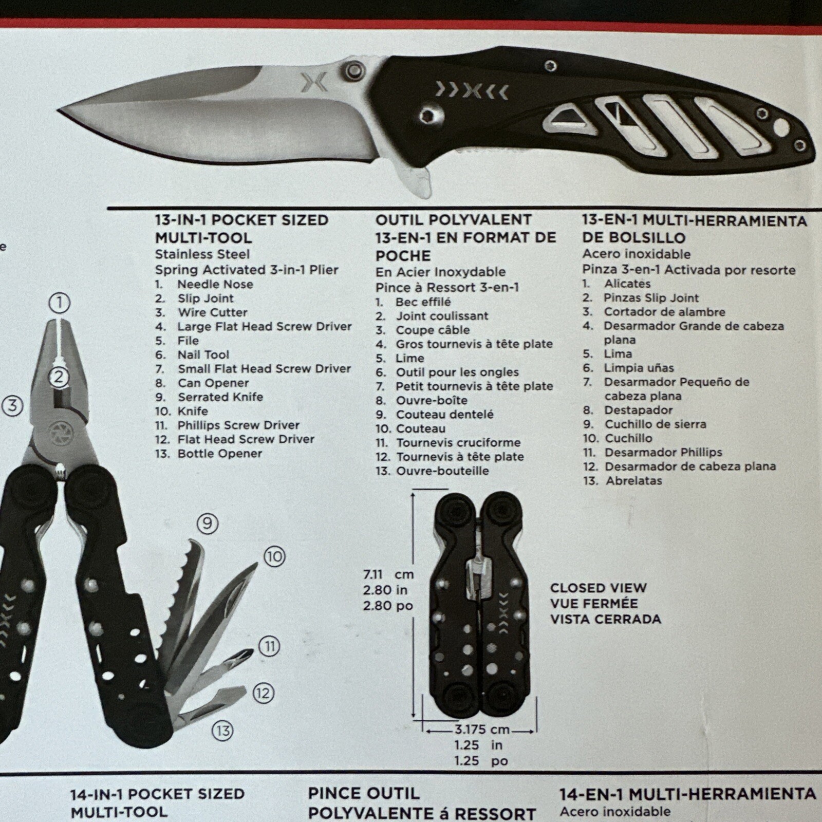 FOUR PIECE 14IN1 & 13IN1 MULTI-FUNCTION SNAP TOOL SET FOLDING KNIFE FLASHLIGHT