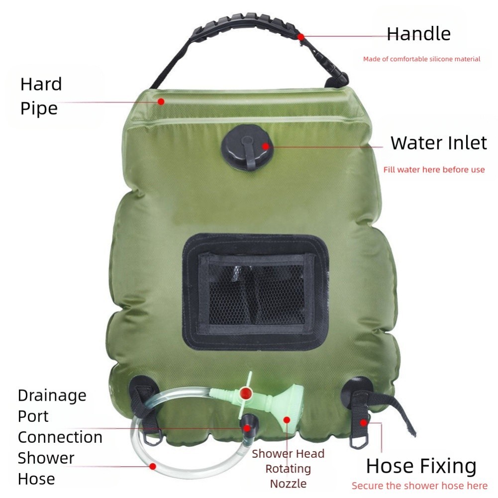 20L Solar Powered Outdoor Camping Shower Bag Heat Absorbing Green Black