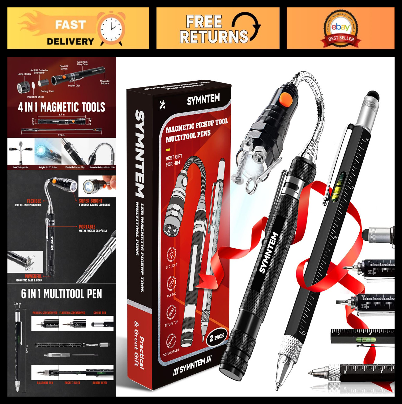 6-in-1 Magnetic Pickup Tool & Multitool Pen with Stylus, Rulers, Screwdrivers –