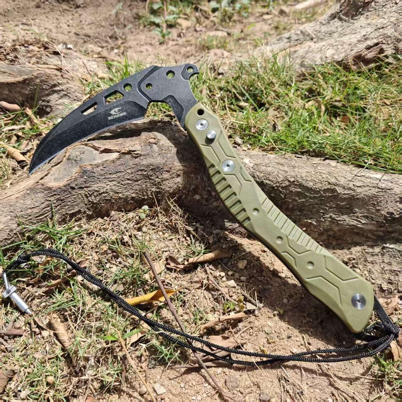 Folding Sickle Knife With Sheath, Quick Release Tactical Survival Tool with Safe