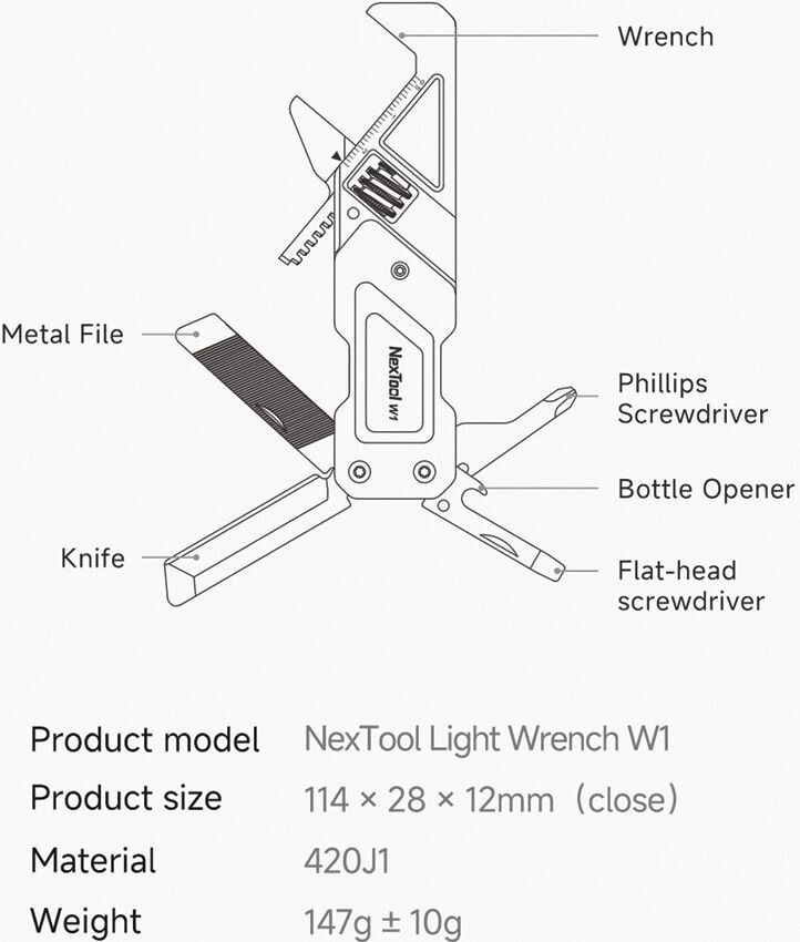 NexTool W1 Adjustable Wrench With Blue Aluminum Handles Screwdrivers File Blade