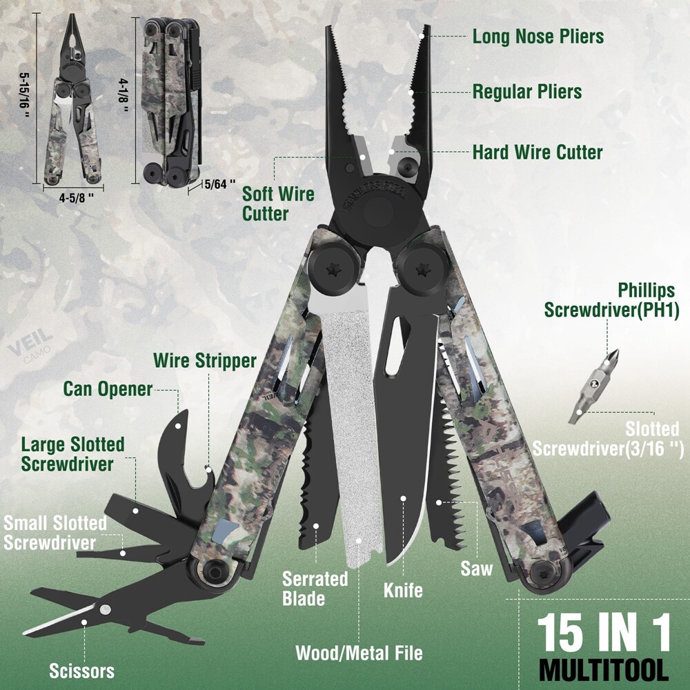 15-in-1 Multi Tool Pocket Knife Stainless Steel Multitool Plier w/Sheath