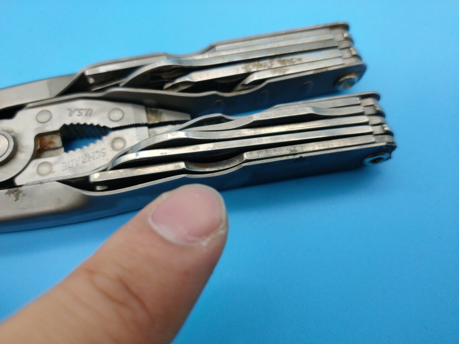 USED Schrade Tough multi tool folding pliers Made in USA All in one DAMAGED