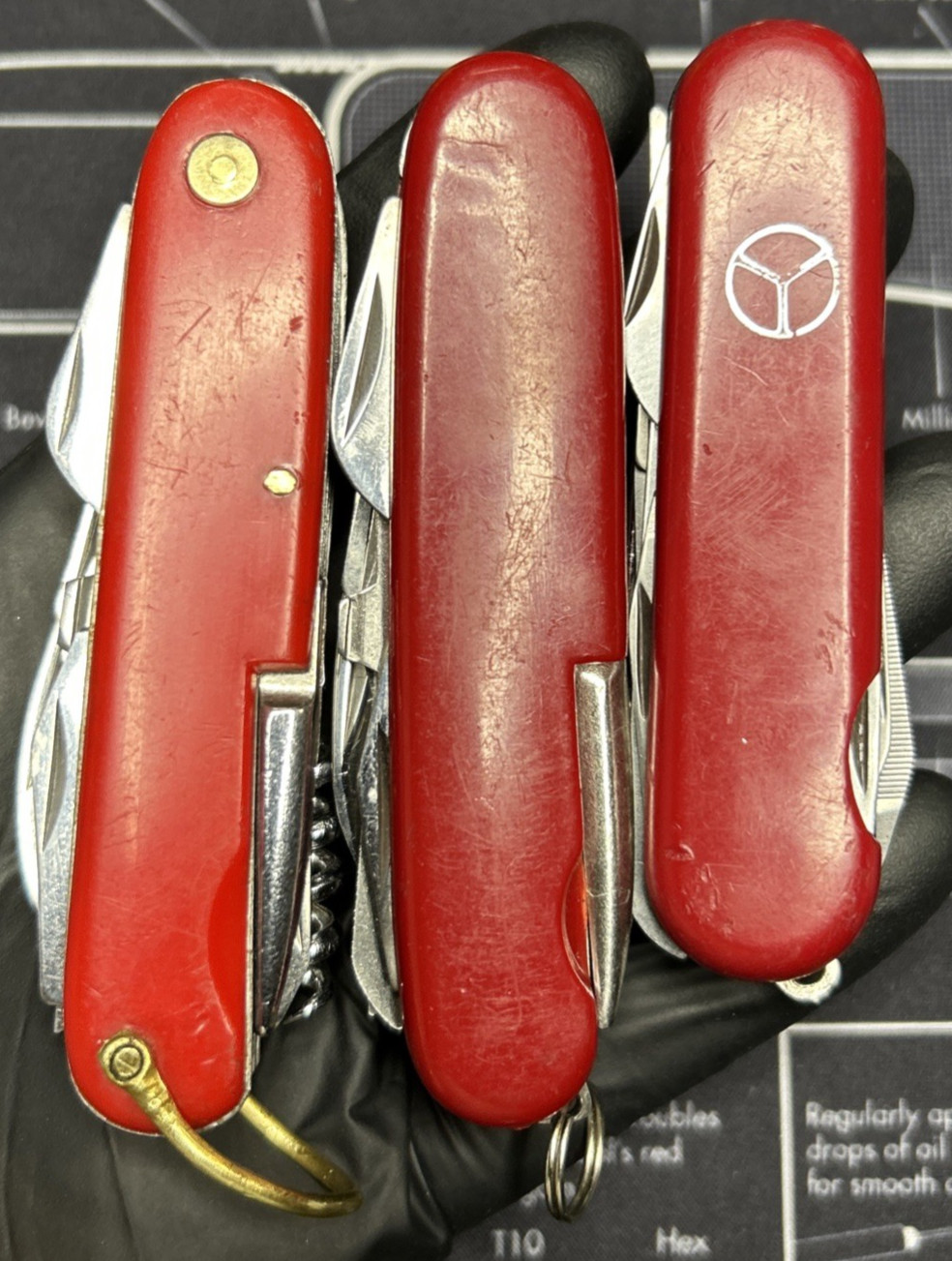 Lot Of 3 Vintage Japan Red Multi Tool Folding Knives Good USED Tools Clean Sharp