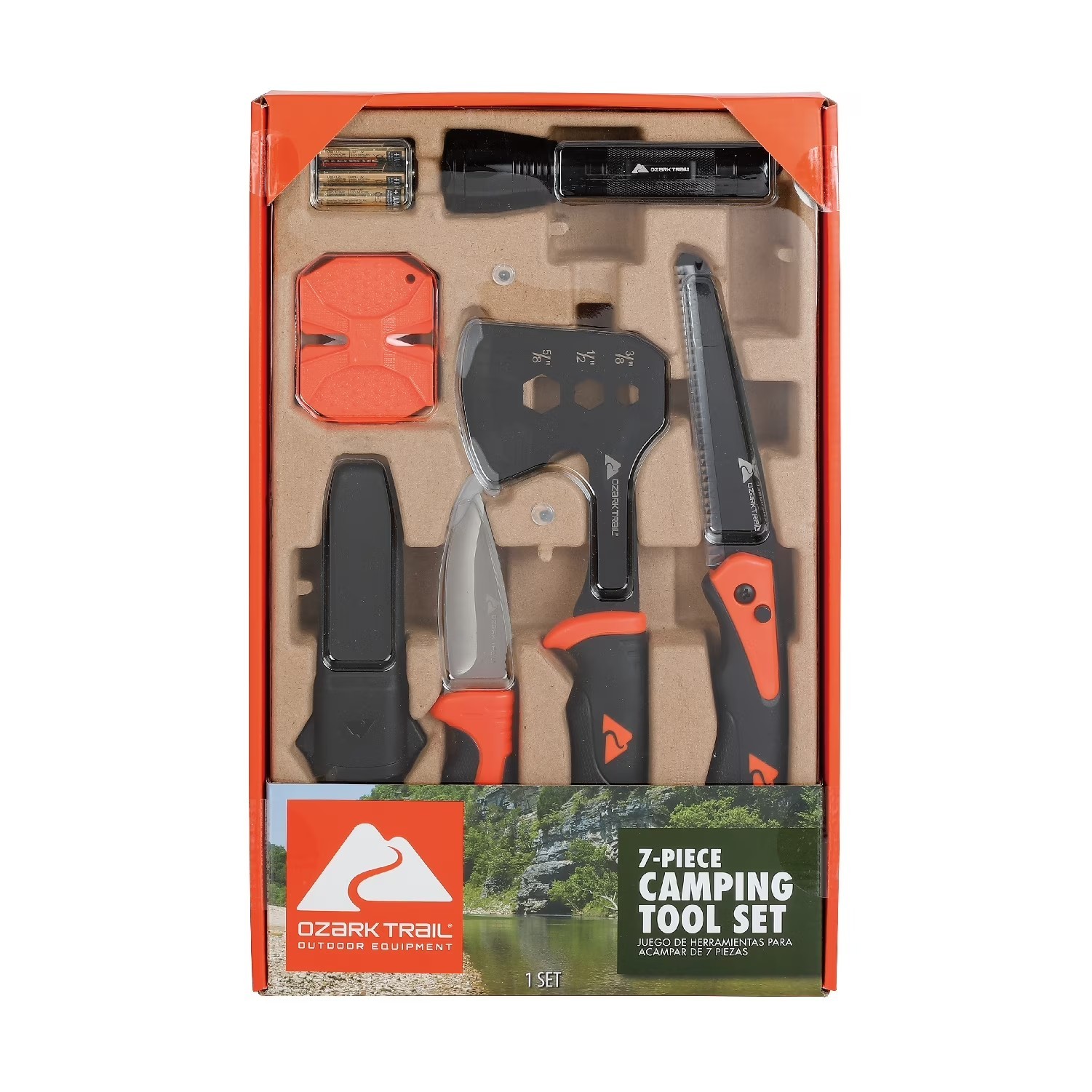Ozark Trail 7Pc Outdoor Survival Tool Set Axe Hammer Knife Flashlight Camping