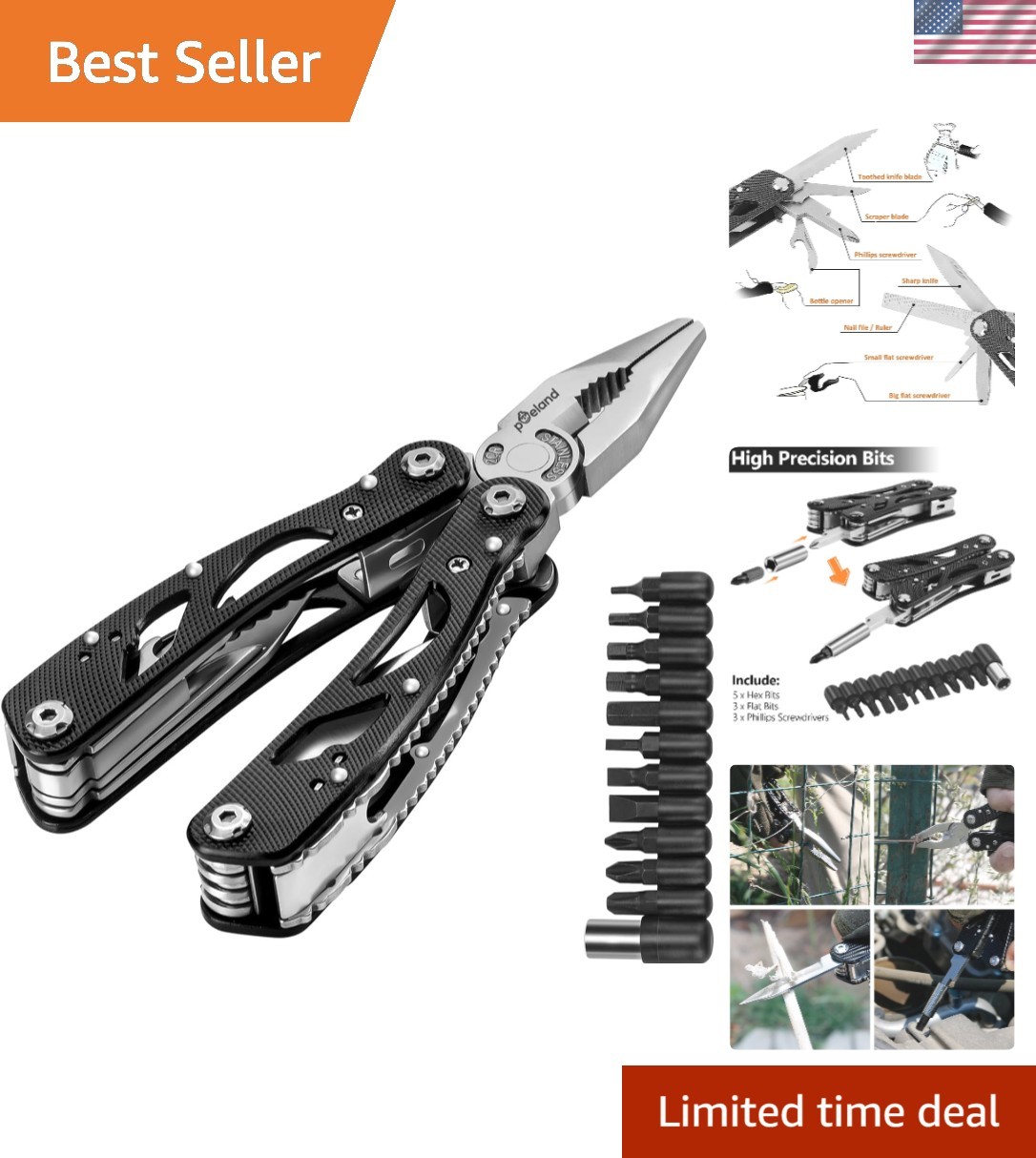 Multitool Pliers Set Stainless Steel Screwdriver Tool with 11 Screwdriver Bits